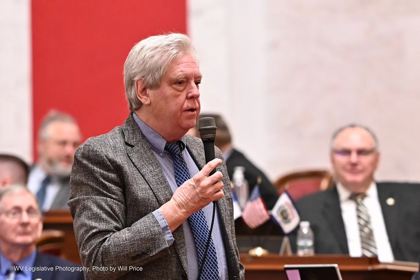 Sen. Mike Woelfel, D-Cabell, speaks on the Senate floor. Photo by Will Price/WV Legislative Photography.