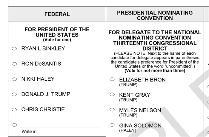 A sample ballot from Sangamon County shows the names that will appear before voters in the March 19 Republican primary, pending action by a Cook County Circuit Court.