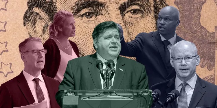 Senate Minority Leader John Curran, House Minority Leader Tony McCombie, Gov. JB Pritzker, House Speaker Emanuel “Chris” Welch and Senate President Don Harmon. (Capitol News Illinois illustration by Andrew Adams)