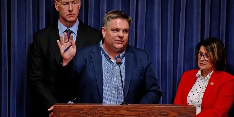 Sen. Chapin Rose, R-Mahomet, speaks at a news conference at the Illinois Capitol in Springfield with fellow Republican senators on Tuesday, Nov. 12. (Capitol News Illinois photo by Andrew Campbell)
