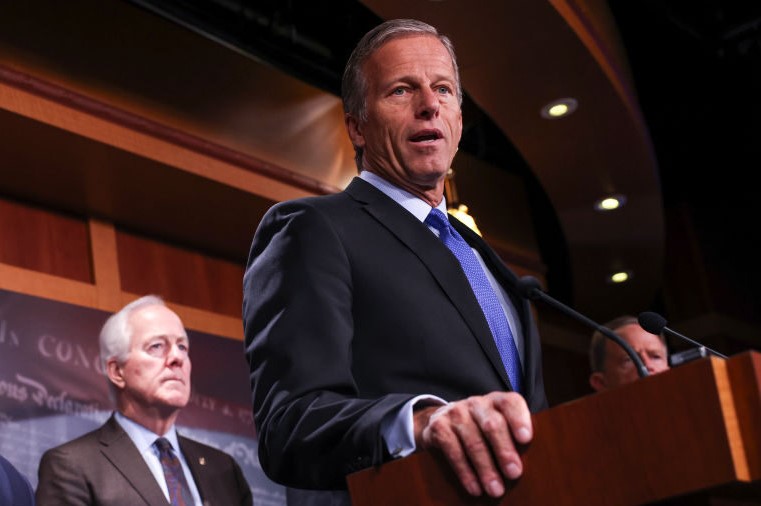 Sen. John Thune, R-South Dakota, joined by Sen. John Cornyn, R-Texas, left, speaks at the Capitol on Sept. 29, 2021, in Washington, D.C. Thune and Cornyn, along with Florida Sen. Rick Scott, are vying for the post of majority leader. (Kevin Dietsch/Getty Images)