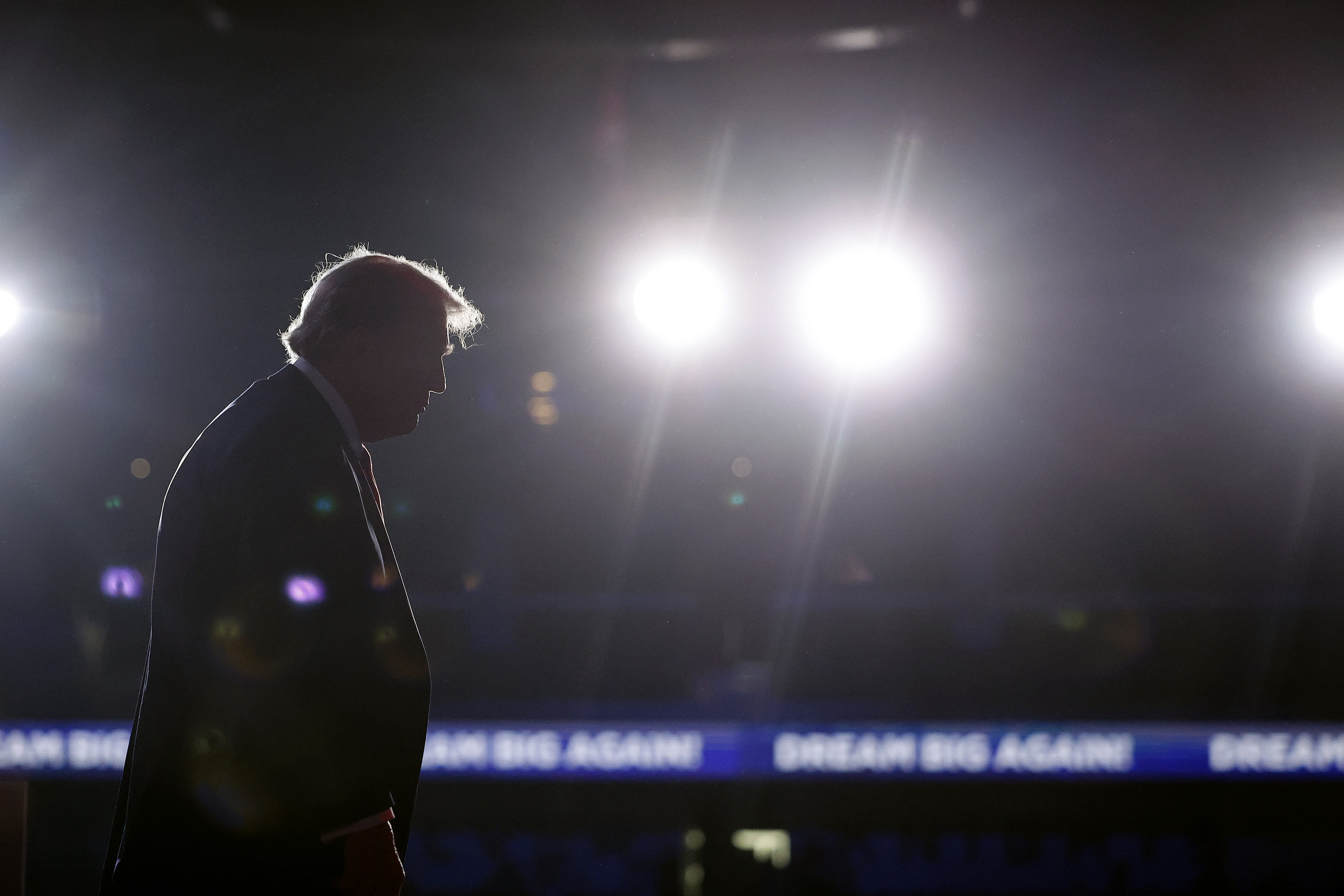 Trump Henderson 10.31.24 Republican presidential nominee, former President Donald Trump walks off stage at the end of a campaign rally at Lee’s Family Forum on October 31, 2024 in Henderson, Nevada. (Photo by Chip Somodevilla/Getty Images)