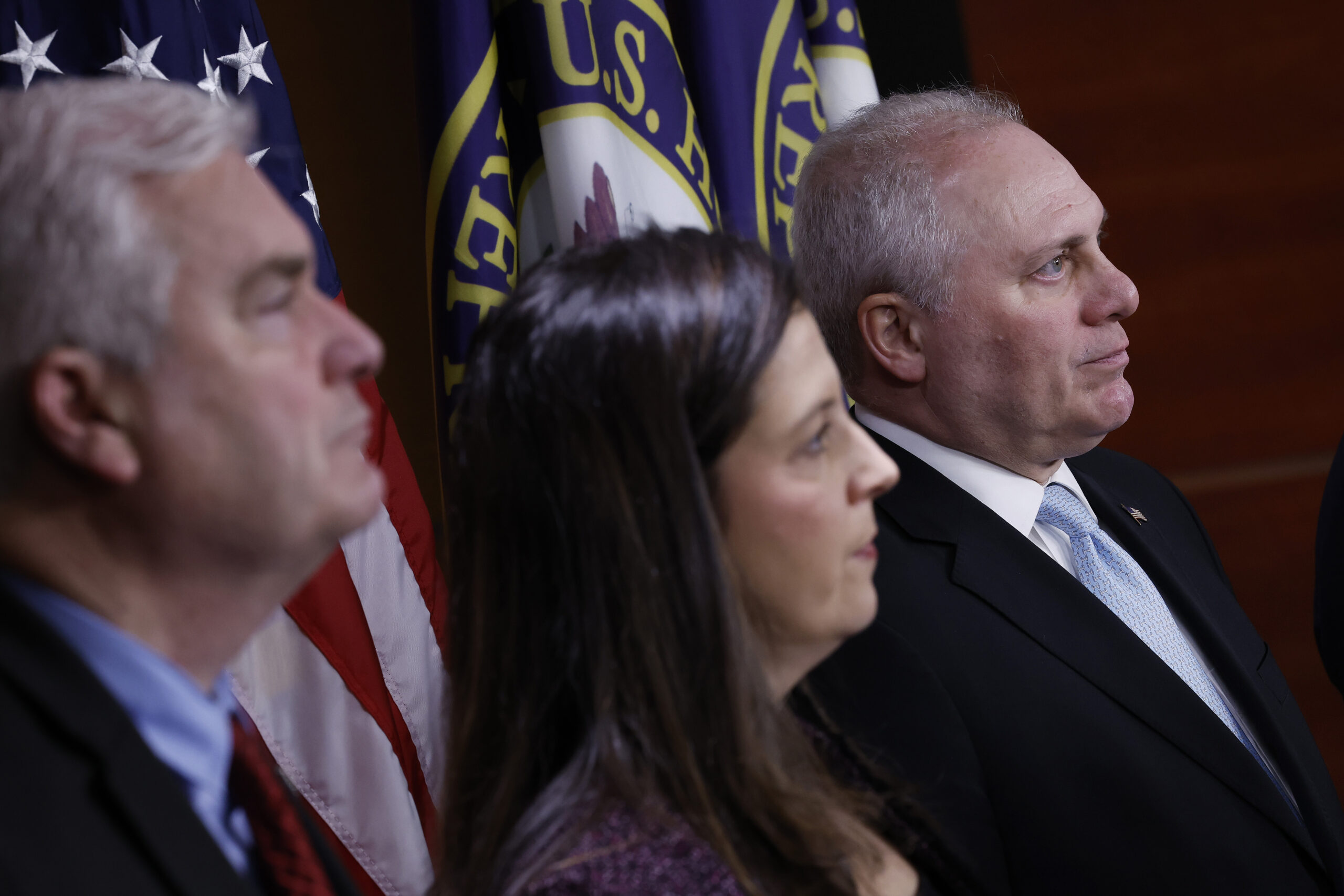 President-elect Donald Trump is picking U.S. Rep. Elise Stefanik, a New York Republican, as ambassador to the United Nations. In this photo, House Majority Whip Tom Emmer, left, Stefanik, center, and Majority Leader Steve Scalise of Louisiana hold a news conference following a GOP caucus meeting at the U.S. Capitol on Jan. 10, 2023. (Photo by Chip Somodevilla/Getty Images)