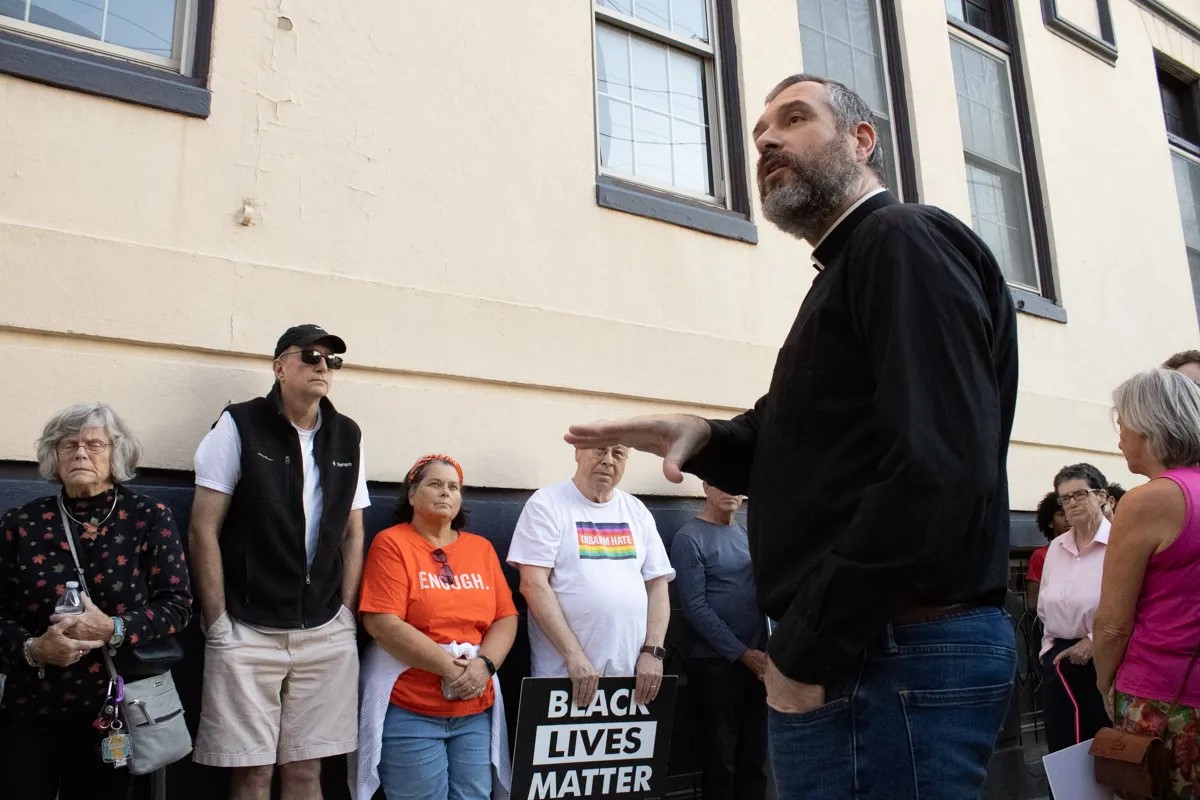 The Rev. Patrick Burke, pastor at The Episcopal Church of Saints Andrew and Matthew in Wilmington, has been a vocal advocate for the right of the homeless. Last month, Wilmington police officers removed church benches where the unhoused often congregated. | SPOTLIGHT DELAWARE PHOTO BY BRIANNA HILL