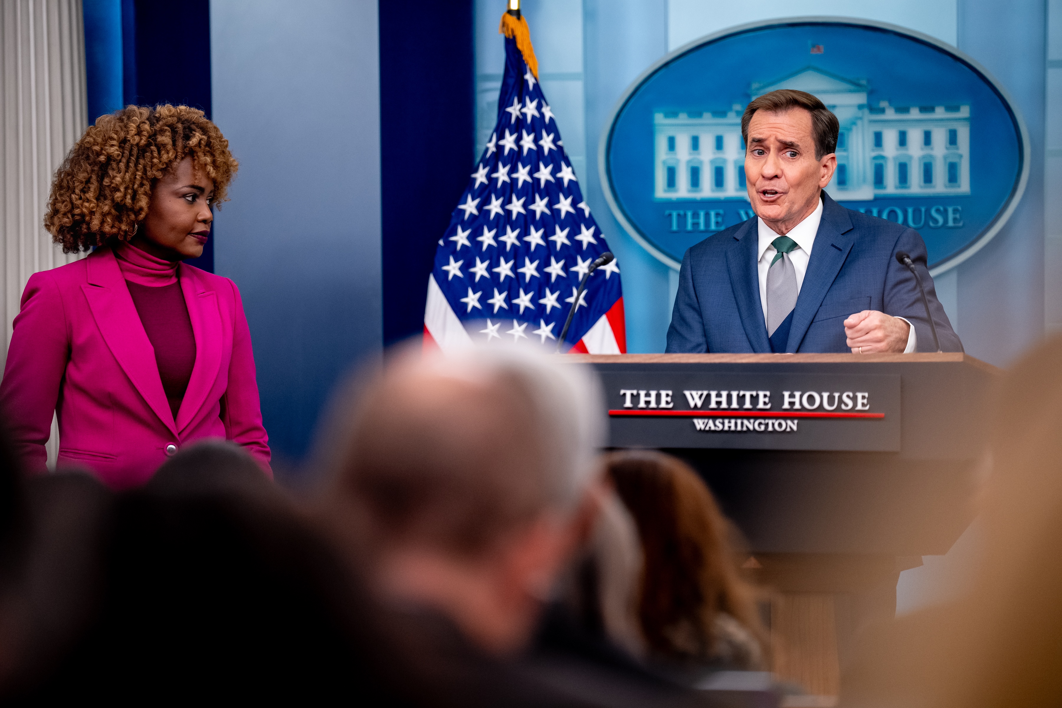 White House National Security Communications Adviser John Kirby, accompanied by White House press secretary Karine Jean-Pierre left, speaks during a news conference in the Brady Press Briefing Room at the White House on Dec. 12, 2024, in Washington, D.C., during which they discussed drone sightings in New Jersey and other areas along the East Coast and other topics. (Photo by Andrew Harnik/Getty Images)