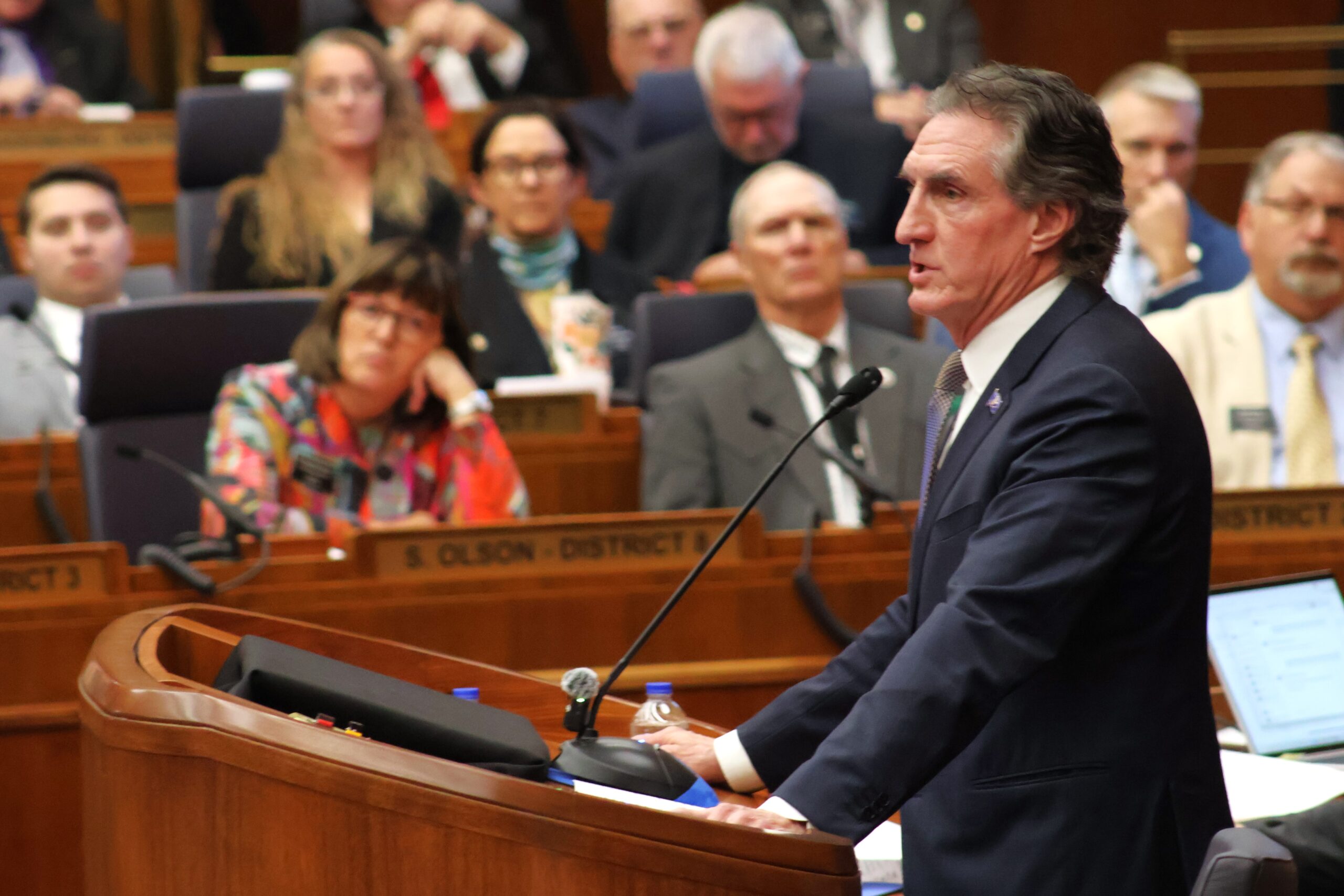 Gov. Doug Burgum, at the time the governor of North Dakota and now President-elect Donald Trump's pick for secretary of the Interior, presents his budget recommendations before a joint session of the Legislature on Dec. 4, 2024. (Michael Achterling/North Dakota Monitor)
