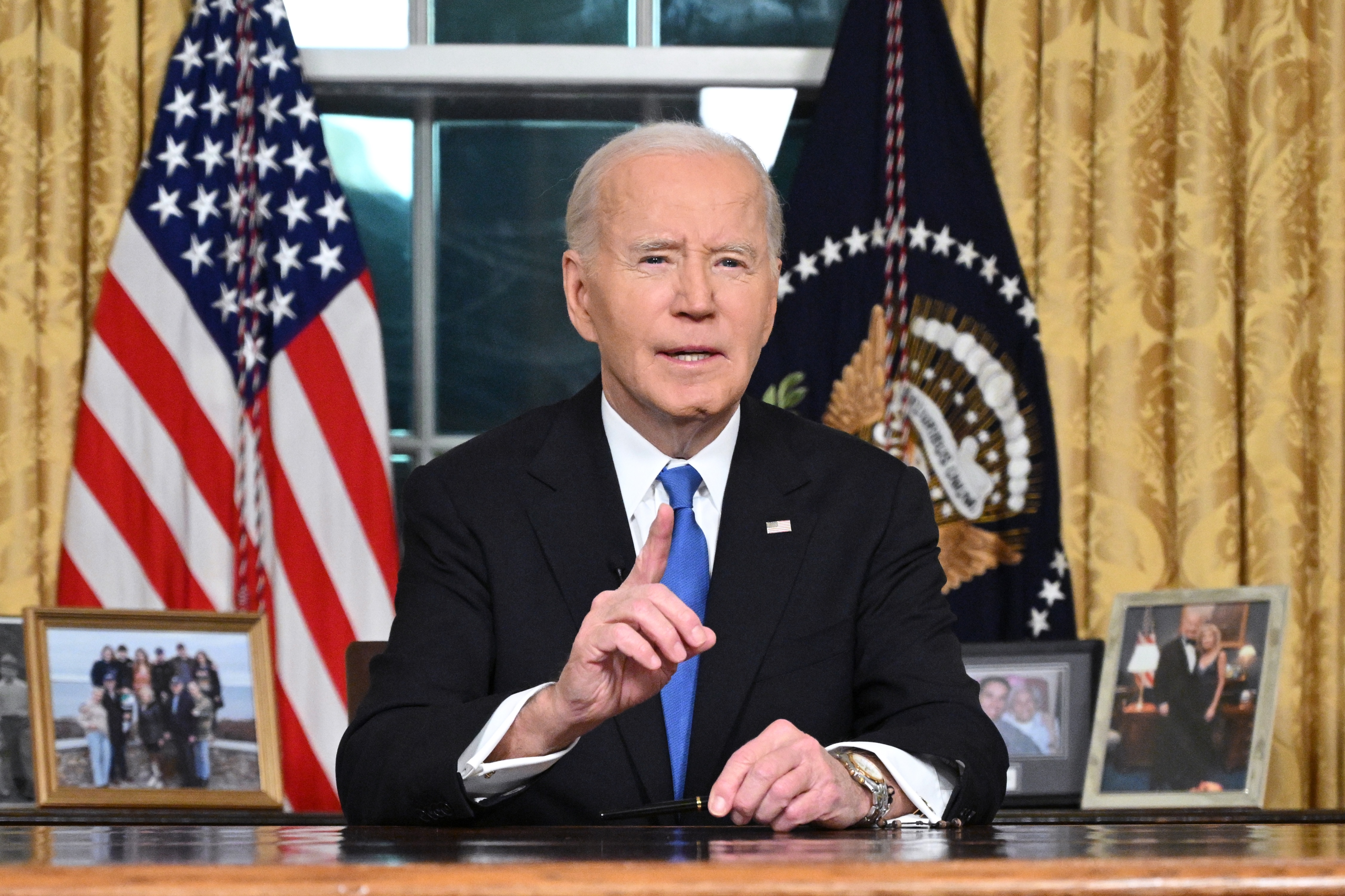 President Joe Biden delivers his farewell address to the nation from the Oval Office of the White House on Jan. 15, 2025, in Washington, D.C. (Photo by Mandel Ngan/Pool/Getty Images)
