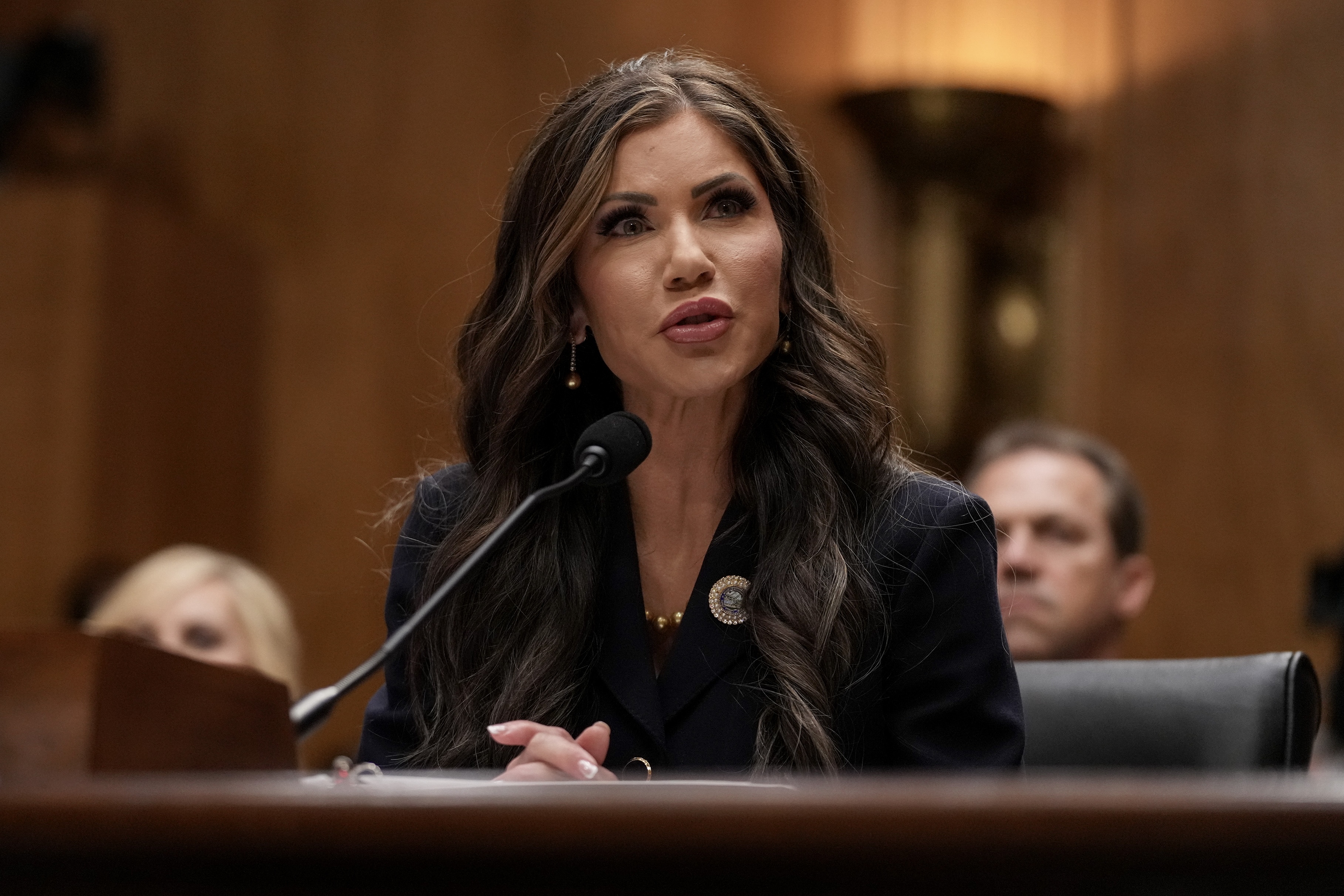 South Dakota Gov. Kristi Noem, President-elect Donald Trump’s nominee for Secretary of the Department of Homeland Security, speaks during her confirmation hearing before the Homeland Security and Governmental Affairs Committee on Capitol Hill on Jan. 17, 2025, in Washington, D.C. (Photo by Eric Thayer/Getty Images)