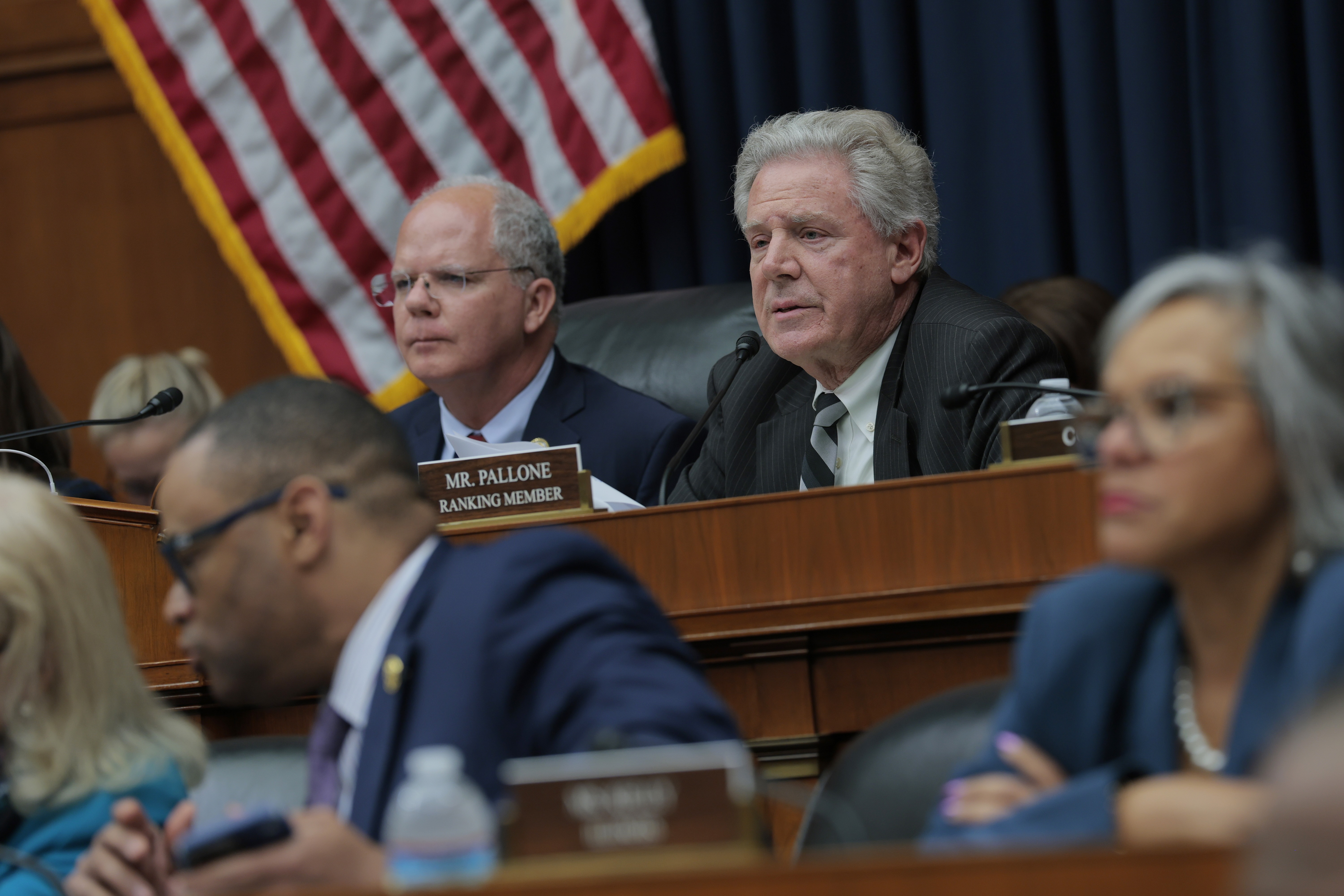 House Committee on Energy and Commerce Chairman Brett Guthrie, R-Ky., left, and ranking member Frank Pallone, D-N.Y., right, speak during a markup with the committee on Capitol Hill on May 13, 2025 in Washington, DC. . (Photo by Anna Moneymaker/Getty Images)