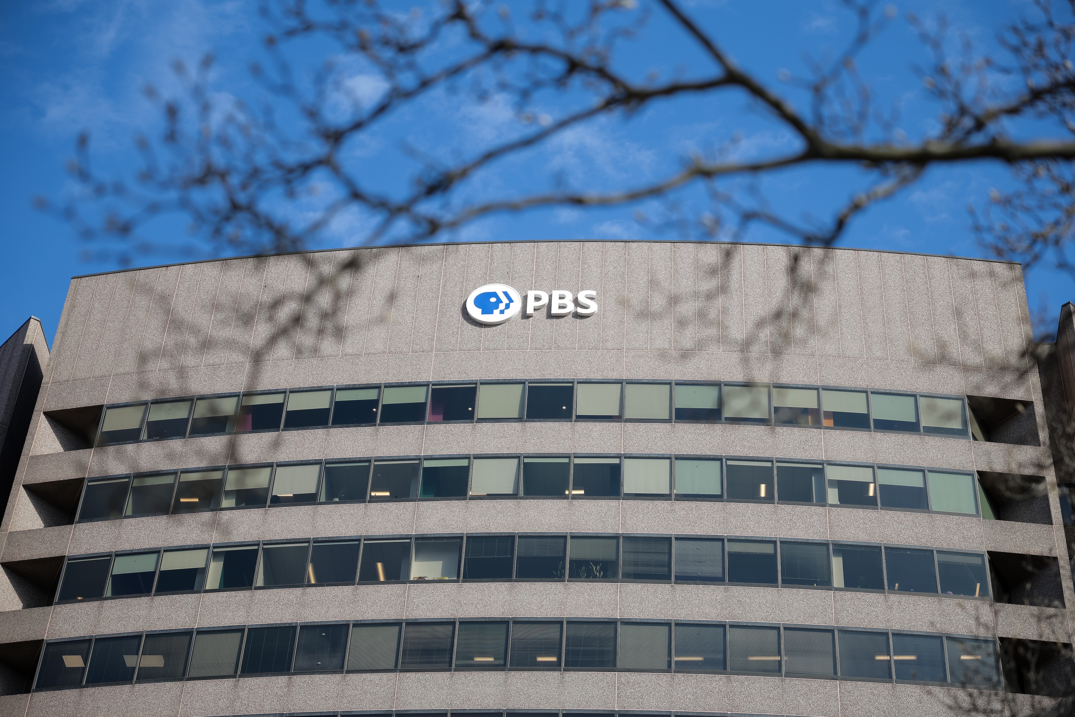 A sign for the Public Broadcasting Service, or PBS, is seen on its building headquarters on Feb. 18, 2025 in Arlington, Virginia. (Photo by Kayla Bartkowski/Getty Images)
