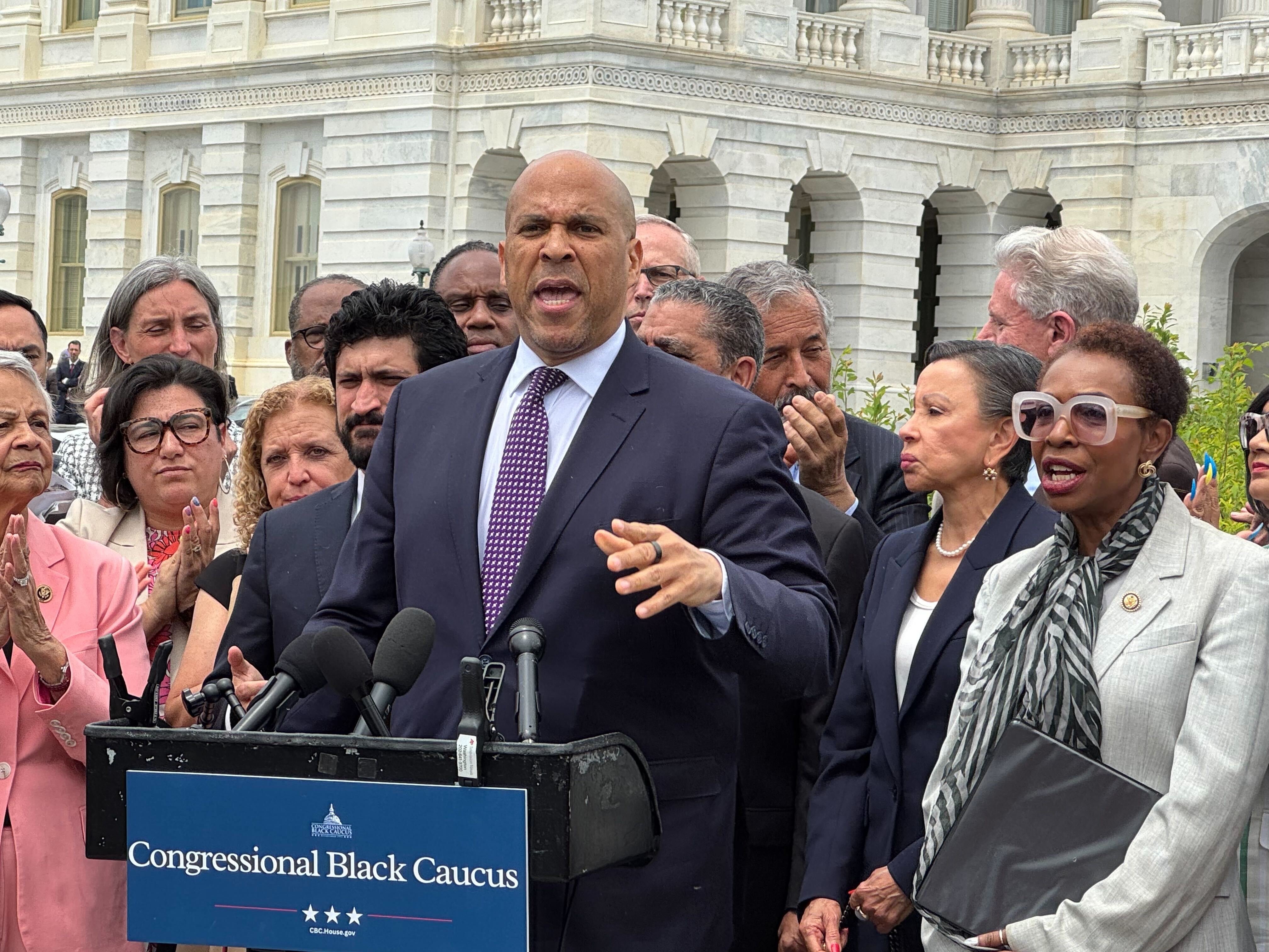 U.S. Sen. Cory Booker, a New Jersey Democrat, speaks at a press conference outside the U.S. Capitol on Tuesday, May 20, 2025, in Washington, D.C. (Photo by Shauneen Miranda/States Newsroom)