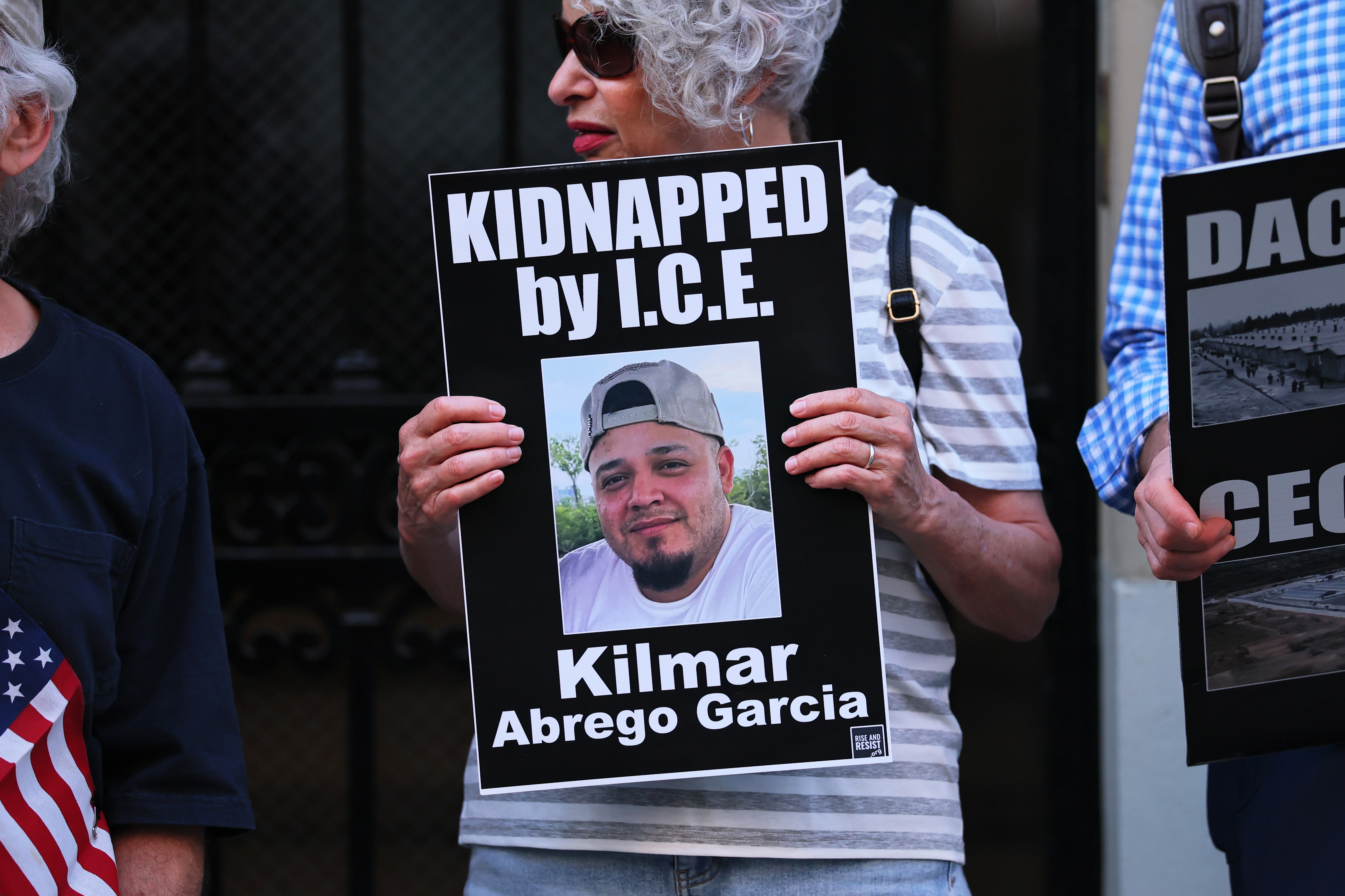 A protester holds a photo of Maryland man Kilmar Abrego Garcia as demonstrators gather to protest against the deportation of immigrants to El Salvador outside the Permanent Mission of El Salvador to the United Nations on April 24, 2025 in New York City. (Photo by Michael M. Santiago/Getty Images)