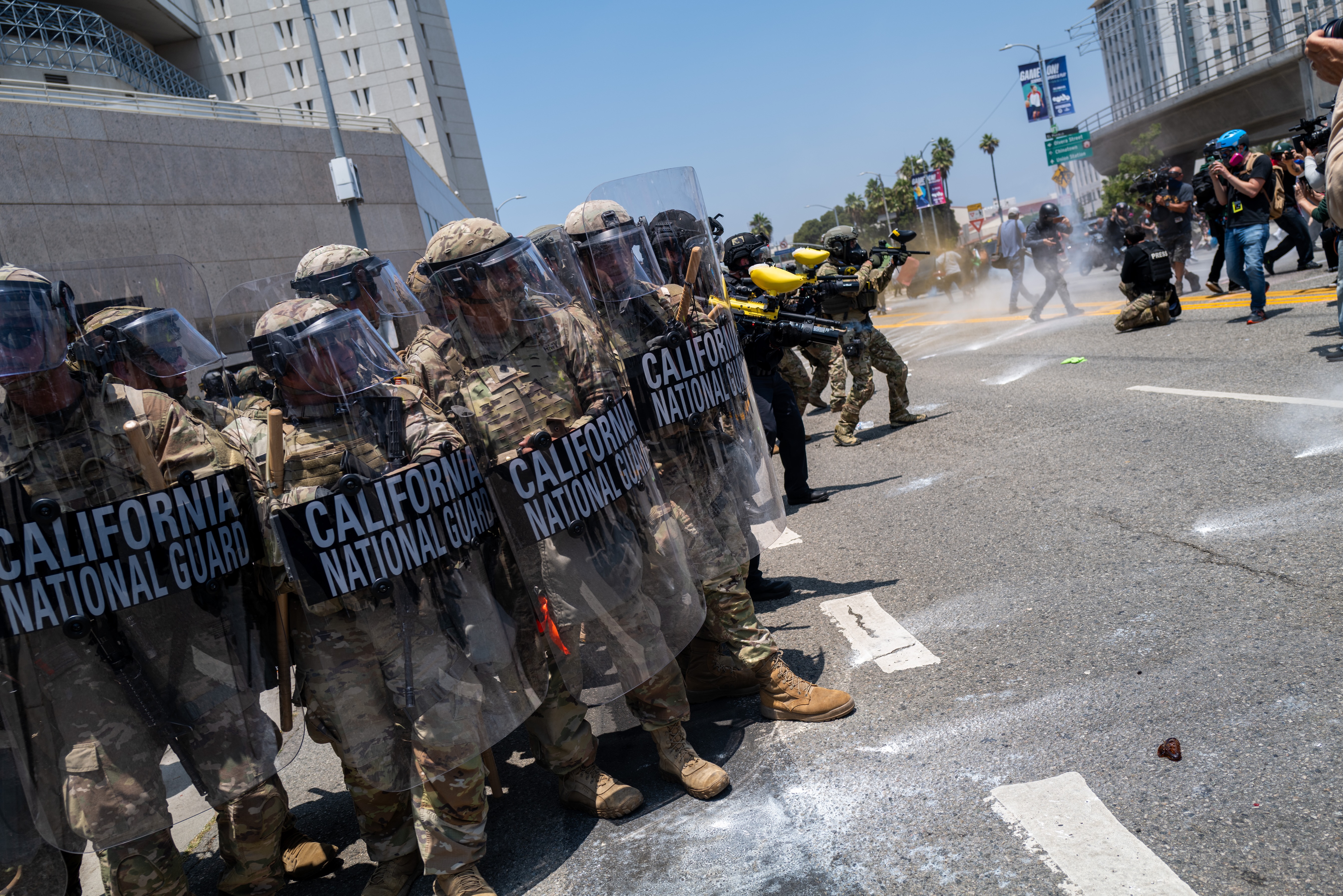 Demonstrators protest outside a downtown jail in Los Angeles following two days of clashes with police during a series of immigration raids on June 8, 2025, in Los Angeles, California. (Photo by Spencer Platt/Getty Images)