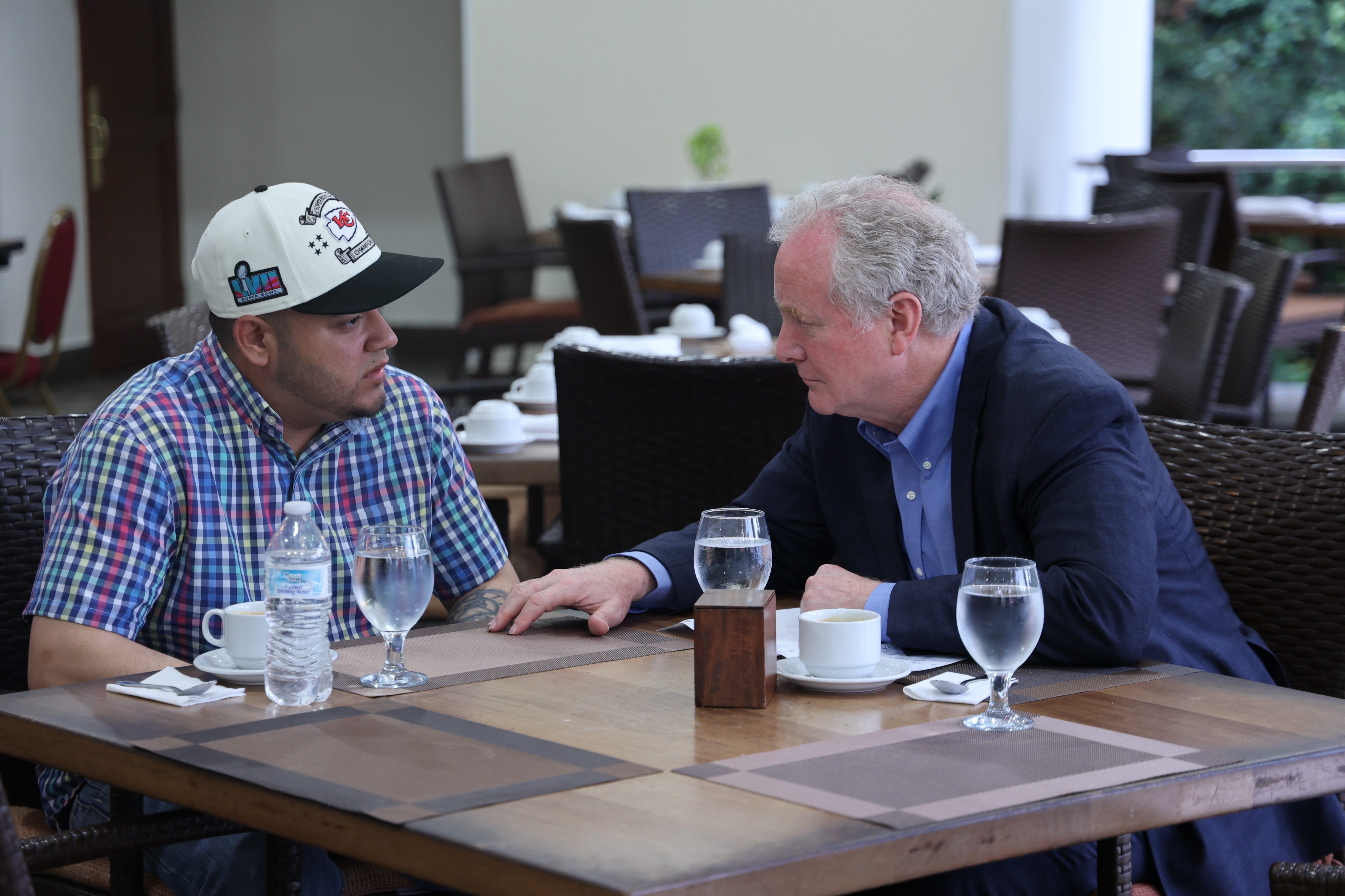 Sen. Chris Van Hollen, D-Md., right, meets with Kilmar Abrego Garcia, the Maryland resident who was erroneously deported to El Salvador by ICE agents. (Photo courtesy Van Hollen's office)