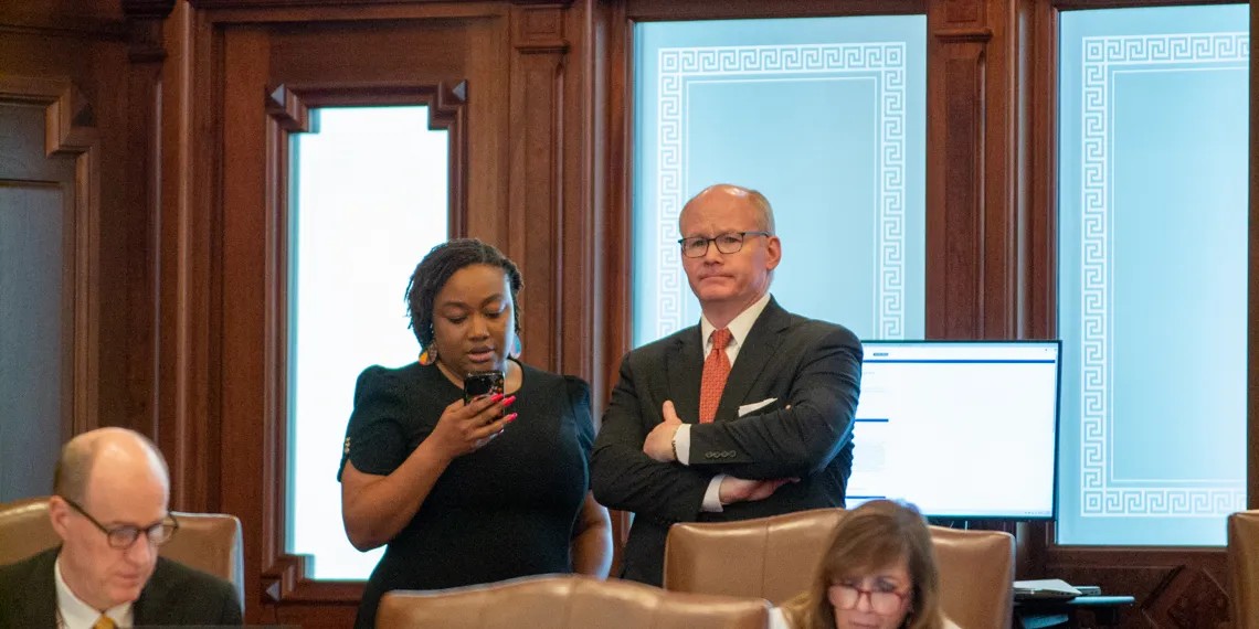 Senate President Don Harmon, D-Oak Park, observes action on the Senate floor during the last week of the 2025 legislative session. Harmon was the sponsor of a bill to reform the Prisoner Review Board. (Capitol News Illinois photo by Jerry Nowicki)