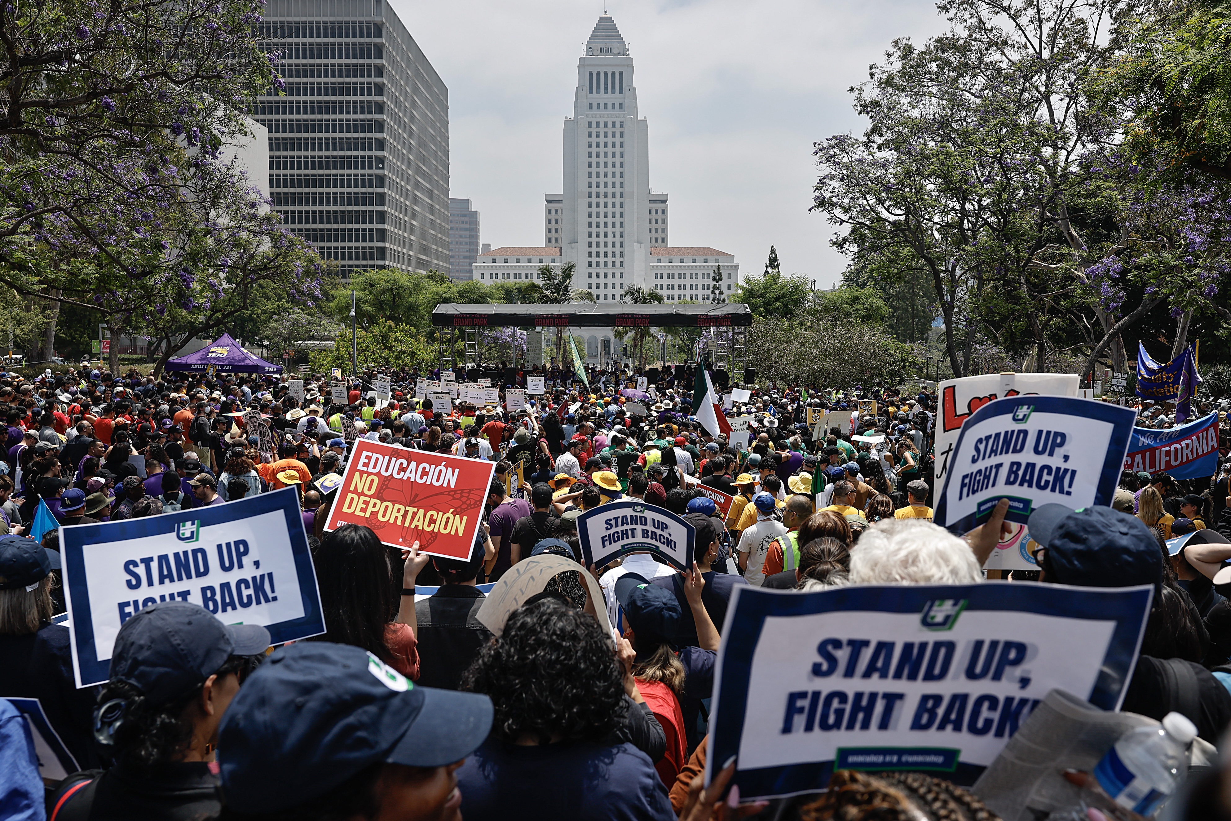 Union members and supporters rally in Grand Park calling for the release of union leader David Huerta, who was arrested during an immigration enforcement action on June 9, 2025 in Los Angeles, California. (Photo by Mario Tama/Getty Images)