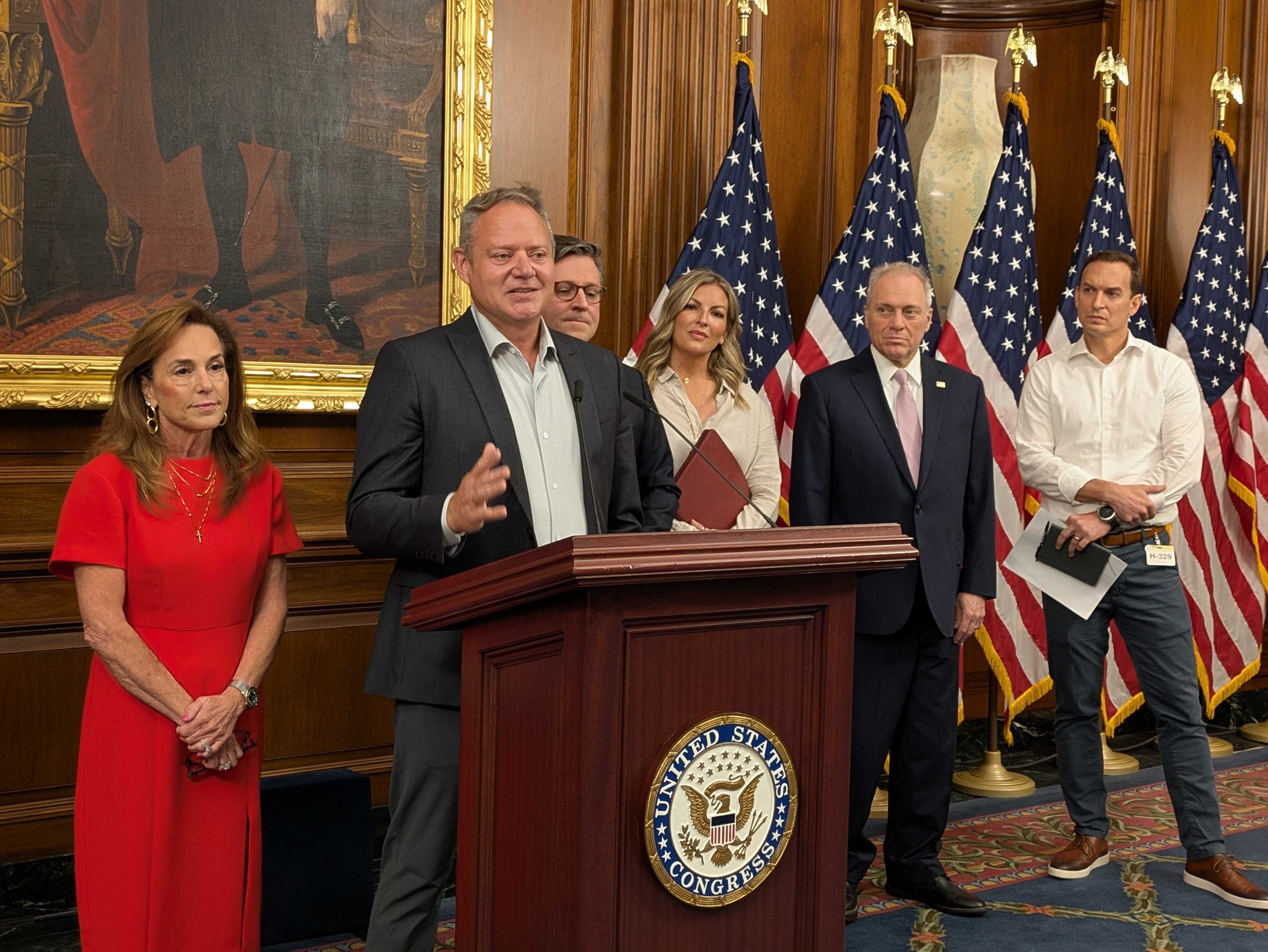 Sam Palmeter, founder of Laser Marking Technologies LLC in Caro, Michigan, advocated for the passage of the "One Big Beautiful Bill Act" during the weekly House Republican press conference on Tuesday, June 24, 2025, at the U.S. Capitol. (Photo by Ashley Murray/States Newsroom)