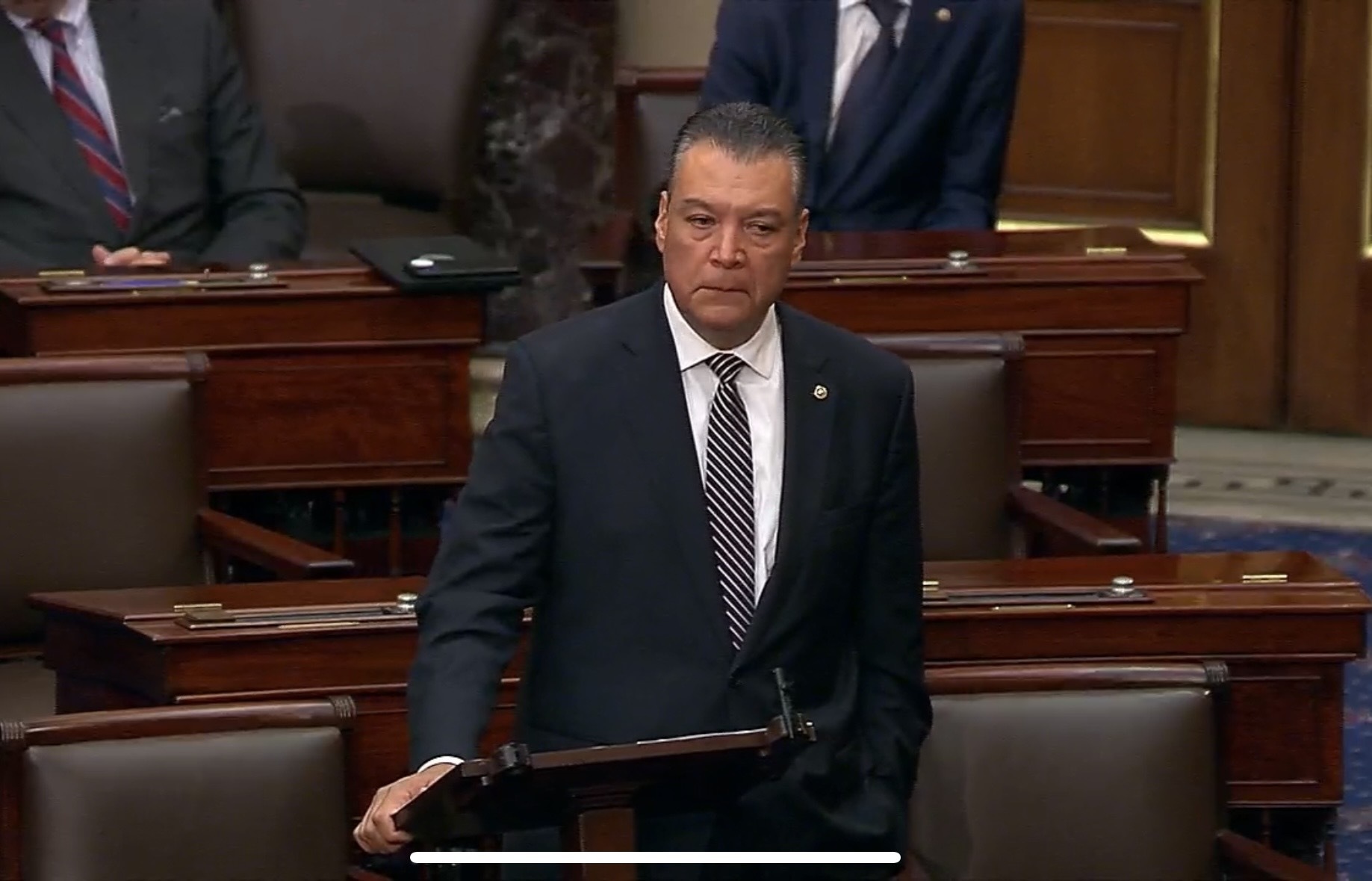 U.S. Sen. Alex Padilla, a California Democrat, speaks on the Senate floor on June 17, 2025, about how he was forcibly removed from a press conference with the secretary of Homeland Security. (Screenshot from Senate webcast)