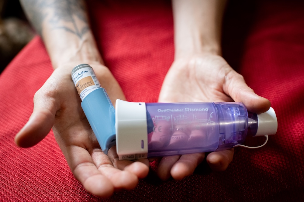 The inhaler used by Rachel Castor’s 17-year-old son, who has severe asthma that prompted an emergency room visit in April. He had to be transferred to Kootenai Health an hour south in Coeur d’Alene, Idaho, because the local hospital did not have pediatricians on staff. (Photo by Erick Doxey for States Newsroom)