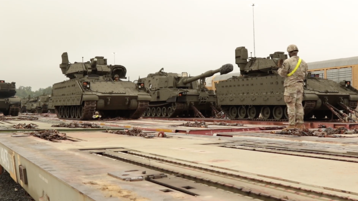 U.S. Army vehicles are offloaded from rail cars at the CSX rail yard in Jessup, Maryland, June 9, 2025. The equipment traveled just under 2,000 miles from Fort Cavazos, Texas, as part of the Army 250th birthday parade later this week. (U.S. Army video by Sgt. Anthony Herrera)