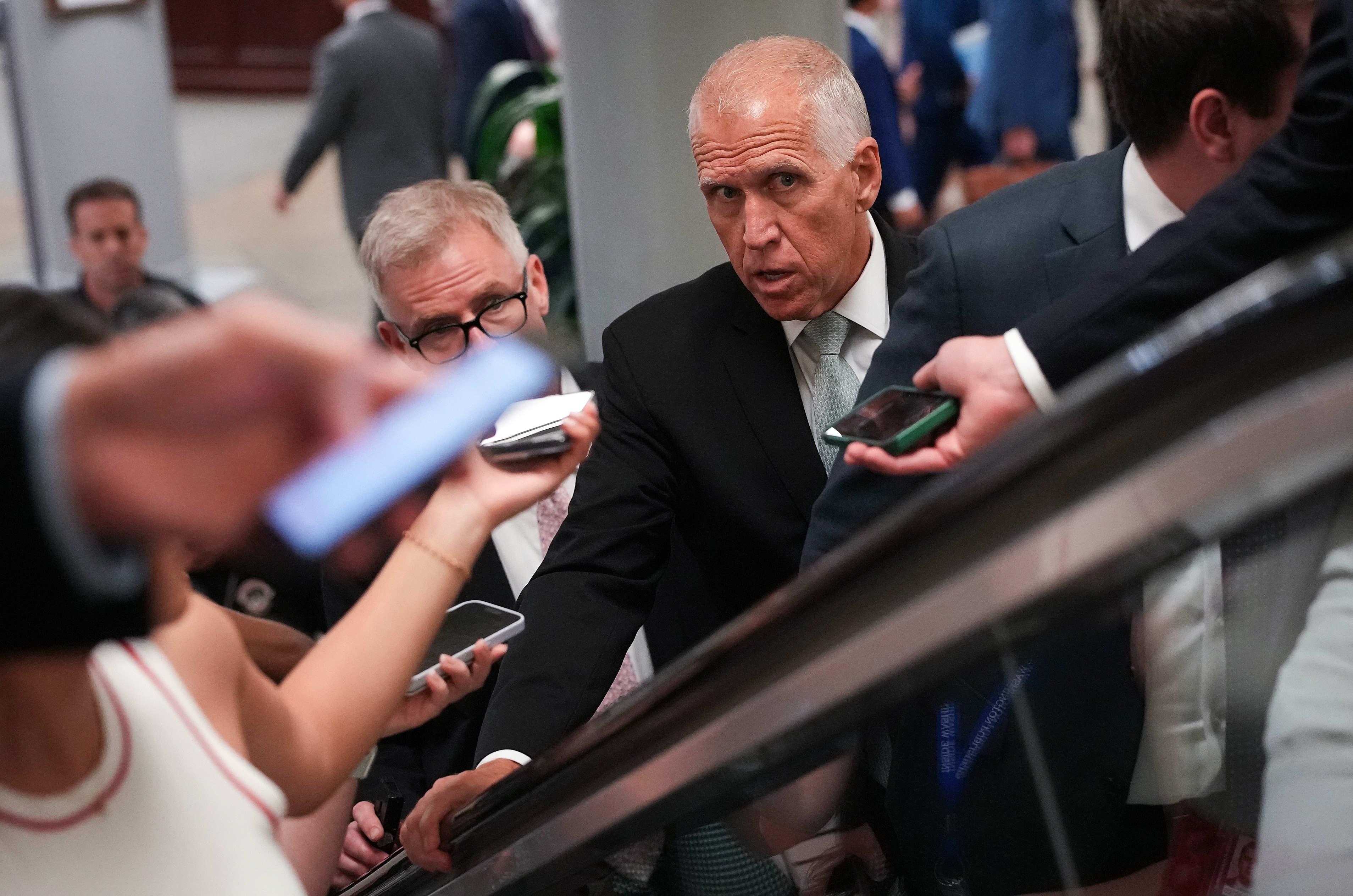 U.S. Sen. Thom Tillis, R-N.C., talks to reporters as he walks to the Senate Chamber at the U.S. Capitol on June 25, 2025 in Washington, D.C. (Photo by Kevin Dietsch/Getty Images)