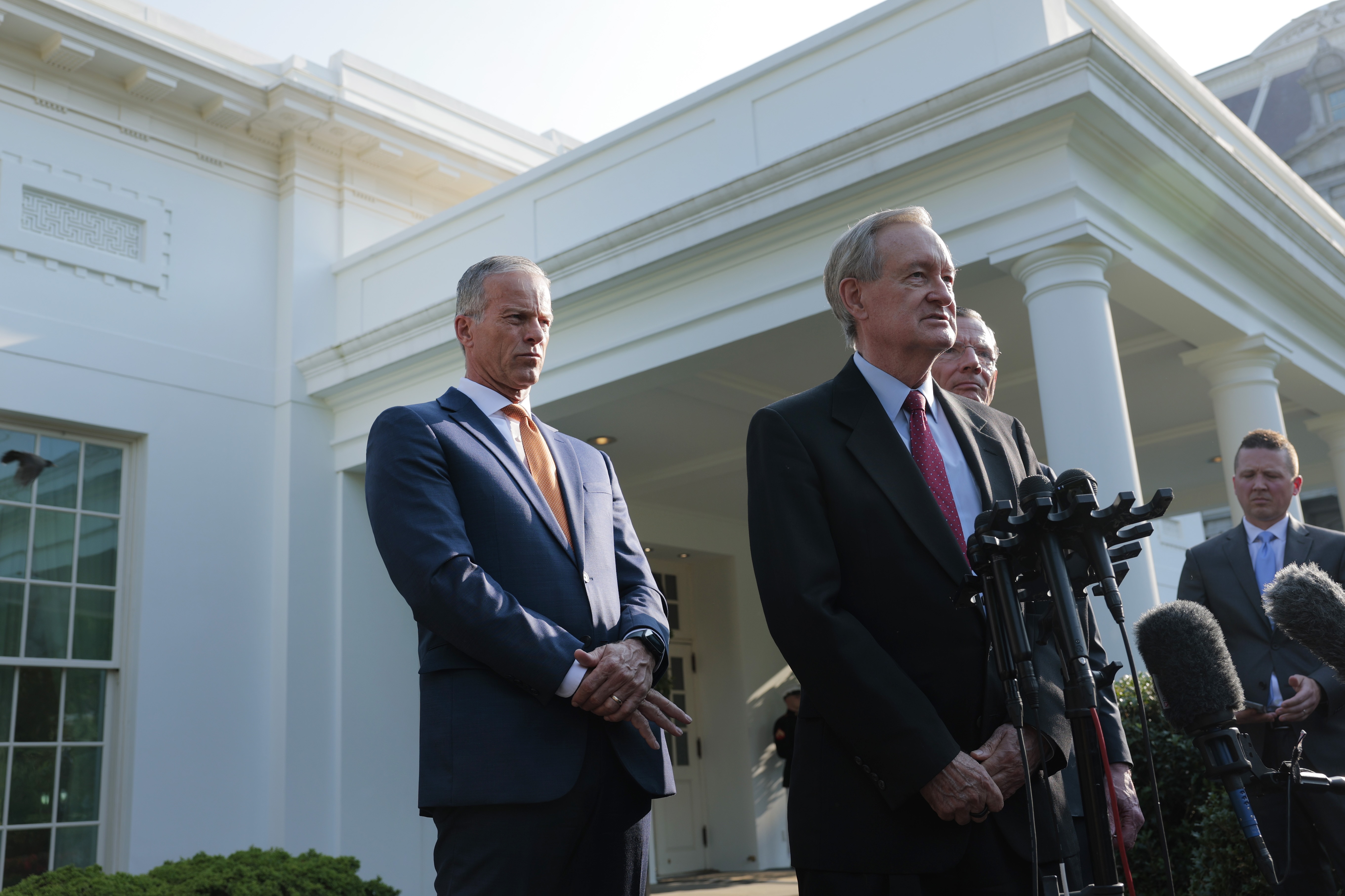 U.S. Senate Majority Leader Sen. John Thune, R-S.D., left, listens as Sen. Mike Crapo, R-Idaho, center, speaks to reporters outside of the West Wing of the White House on June4, 2025 in Washington, D.C. (Photo by Anna Moneymaker/Getty Images)
