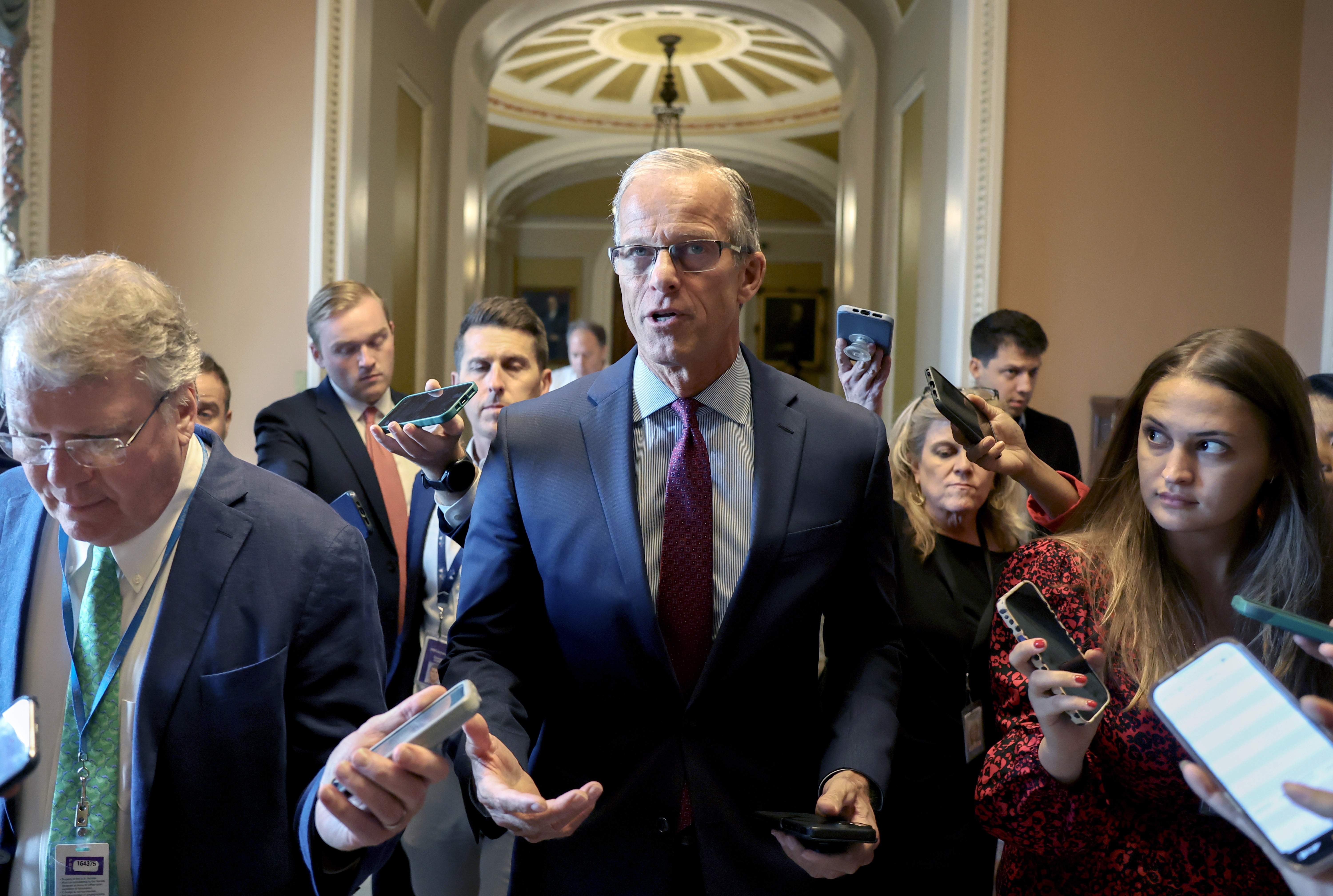 U.S. Senate Majority Leader John Thune, R-S.D., speaks to reporters at the Capitol as lawmakers work on the "One Big Beautiful Bill Act" on June 25, 2025 in Washington, D.C. (Photo by Joe Raedle/Getty Images)