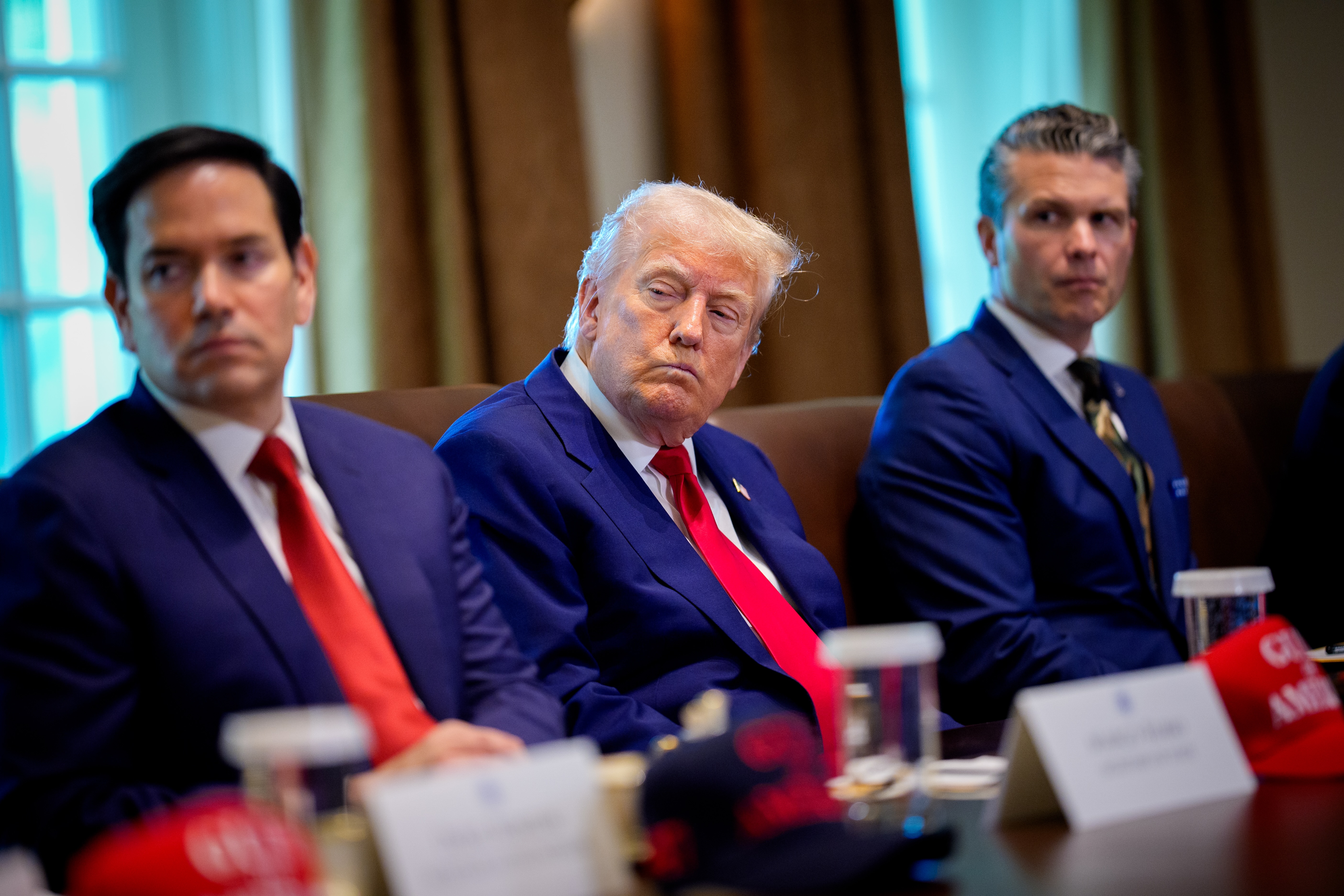 Left to right, Secretary of State Marco Rubio, President Donald Trump and Secretary of Defense Pete Hegseth attend a Cabinet meeting at the White House on April 30, 2025 in Washington, DC. (Photo by Andrew Harnik/Getty Images)
