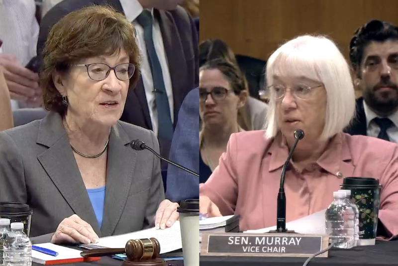 U.S. Senate Appropriations Chair Susan Collins, a Maine Republican, left, and the top Democrat on the committee, Sen. Patty Murray of Washington state, at a committee markup on Thursday, July 31, 2025. (Photos from committee webcast)