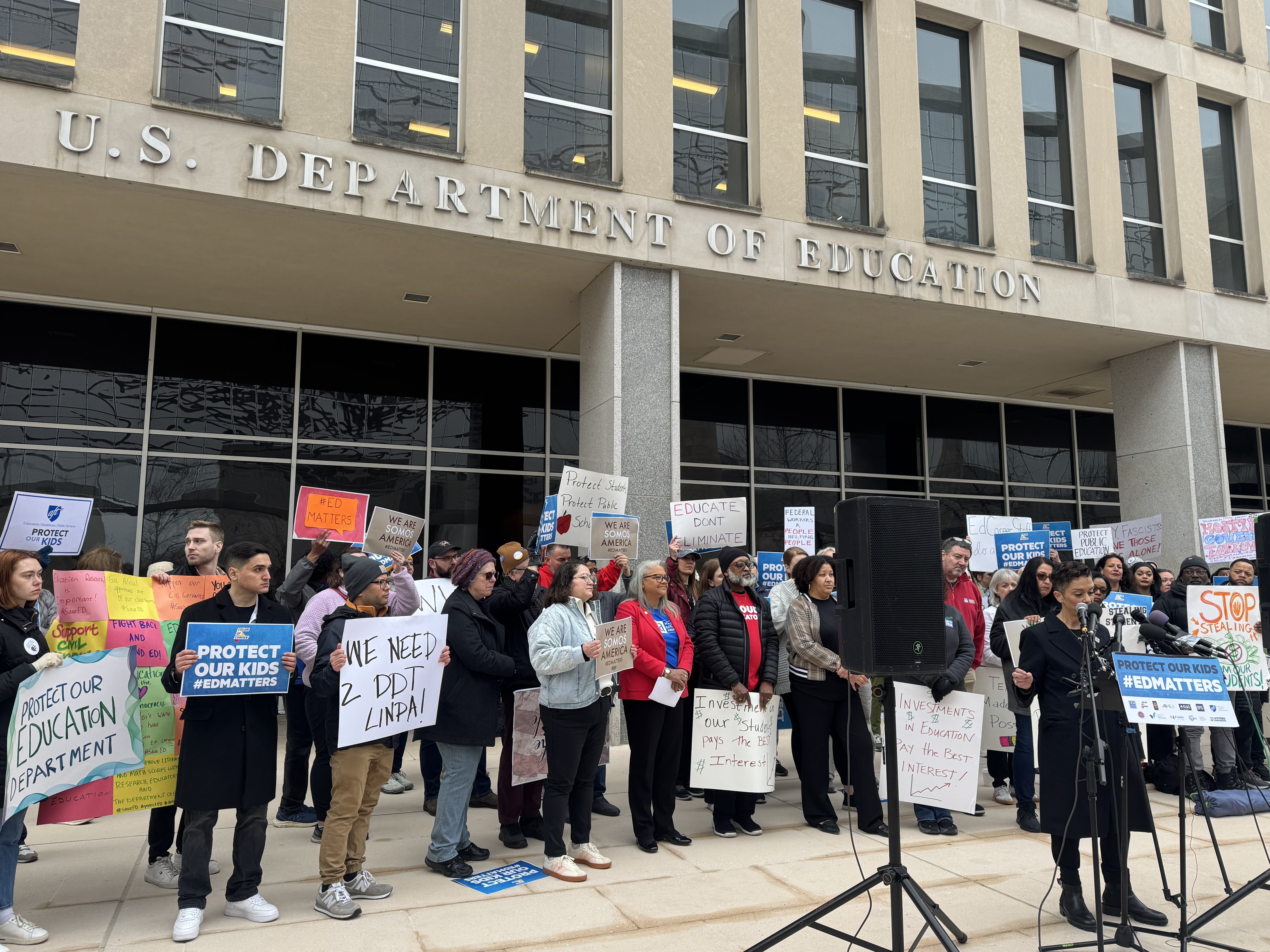 Keri Rodrigues, president of the National Parents Union, speaks at a rally on Friday, March 14, 2025, in Washington, D.C, protesting the U.S. Education Department’s mass layoffs and President Donald Trump’s plans to dismantle the agency. (Photo by Shauneen Miranda/States Newsroom)