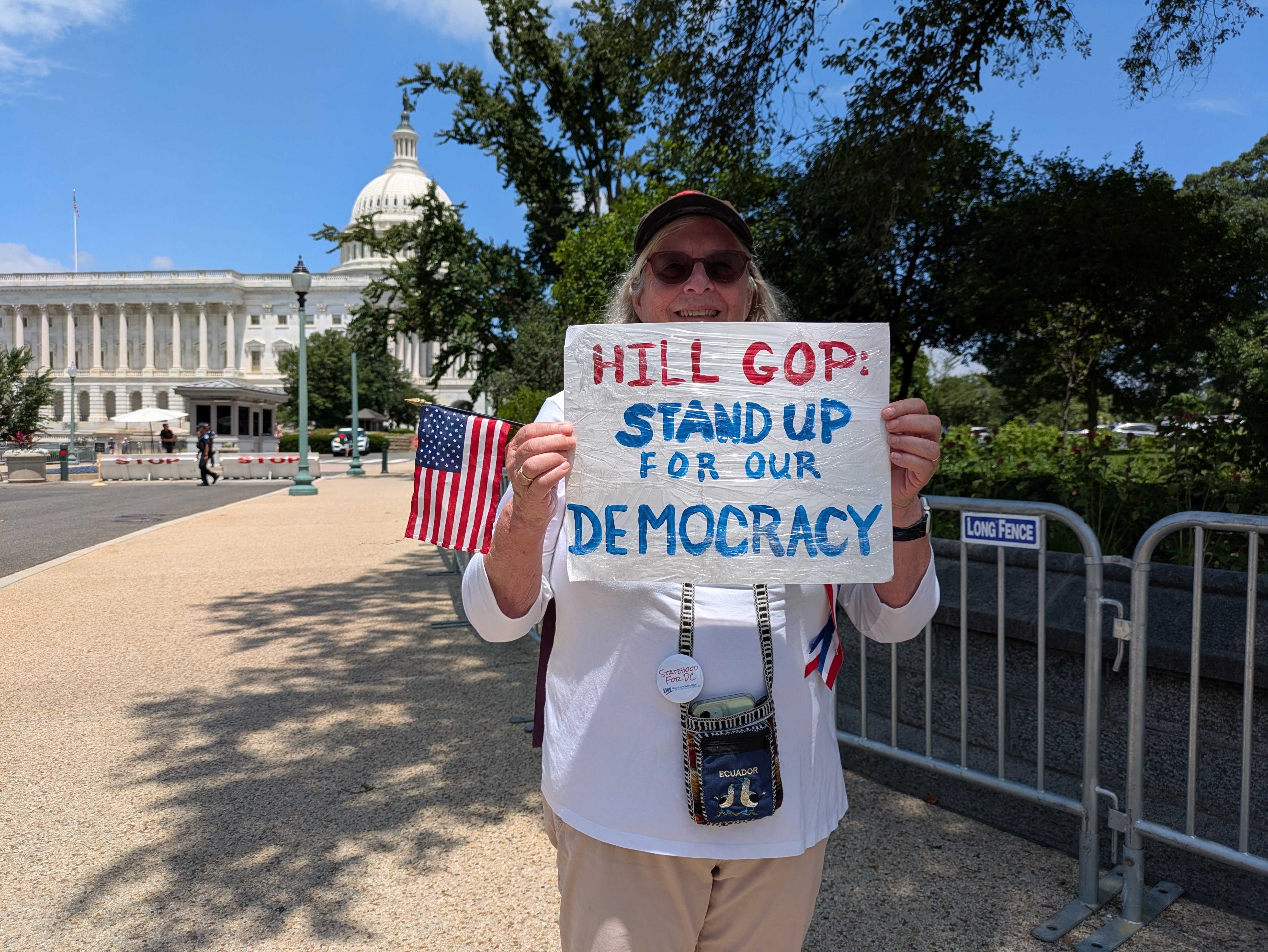 Joanna Pratt, 74, of Washington, D.C., protests outside the U.S. Capitol on Wednesday, July 2, 2025, as House Republicans try to put together enough votes to pass the "big beautiful bill" and send it to President Donald Trump before a self-imposed July Fourth deadline. (Photo by Ashley Murray/States Newsroom)
