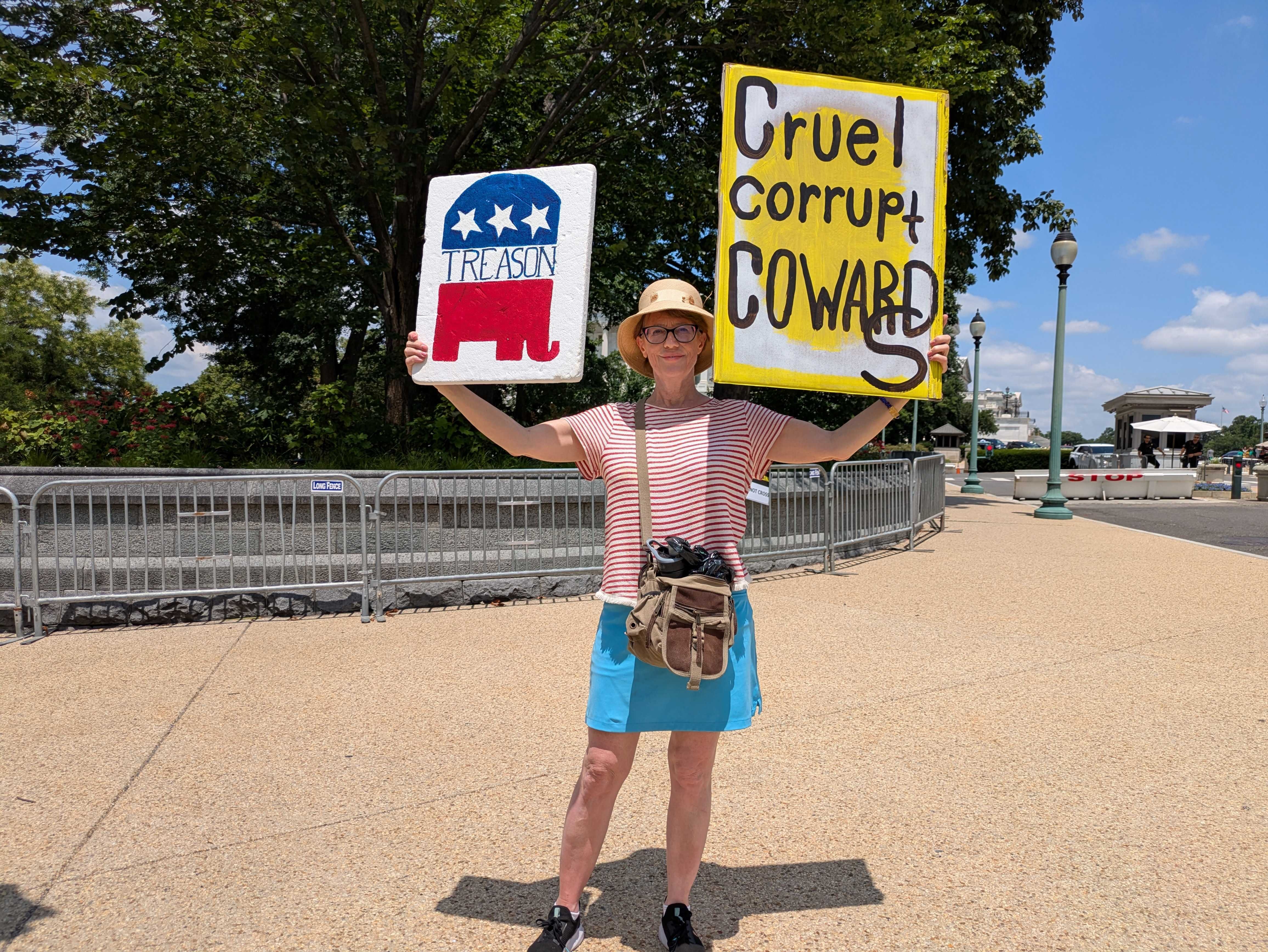 Shelley Feist, 61, of Washington, D.C., who was raised in North Dakota, protests outside the U.S. Capitol on Wednesday, July 2, 2025, as House Republicans try to pass the "big beautiful bill." Feist said she's worried about effects on rural hospitals as a result of Medicaid cuts because her parents, in their 80s, depend on rural health care in Minot, North Dakota. (Photo by Ashley Murray/States Newsroom)