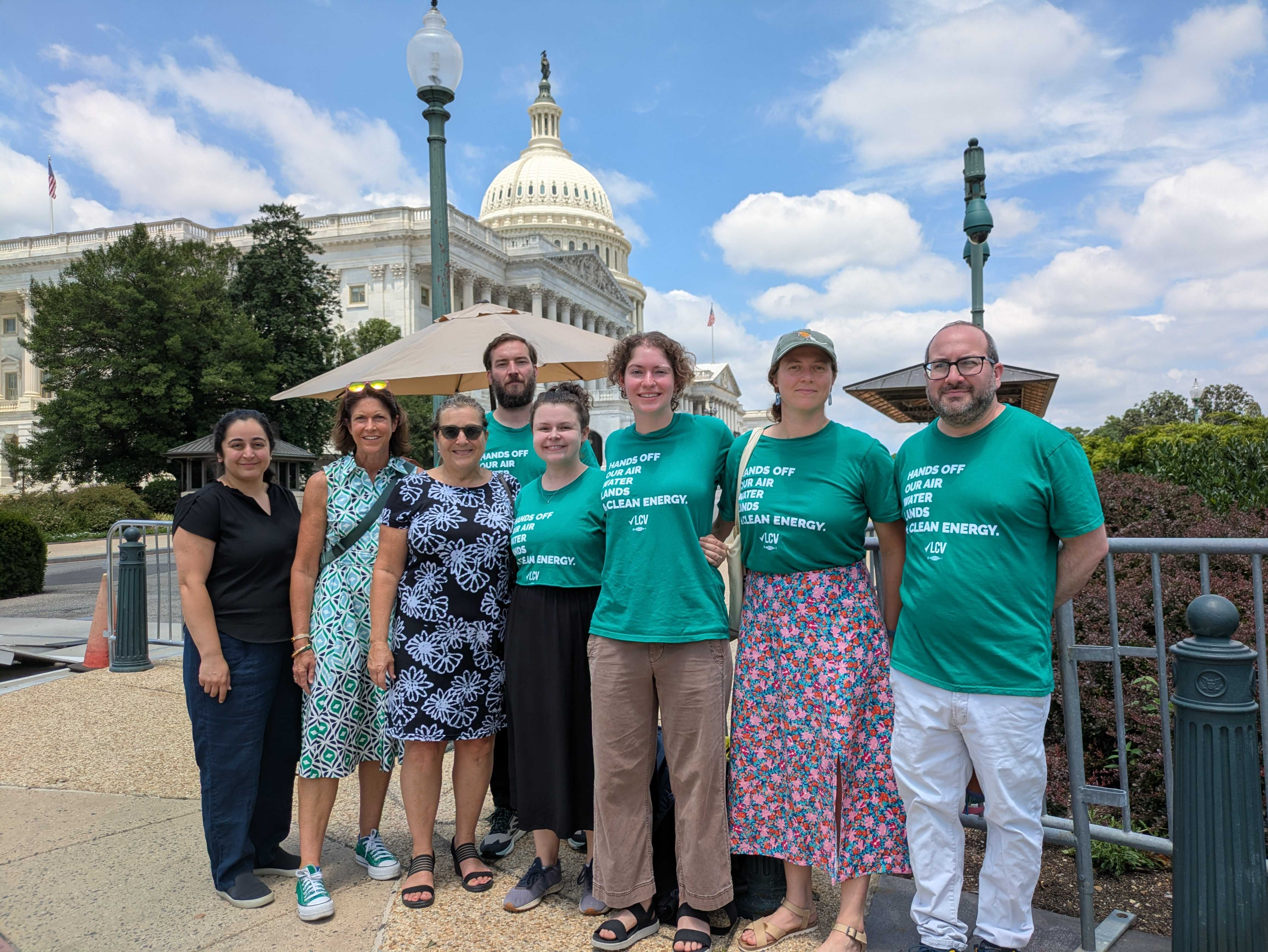 From left to right, Mahyar Sorour, Tiernan Sittenfeld, age 51, Anna Aurilio, 61, Davis Bates, 37, Elly Kosova, 29, Fransika Dale, 26, Francesca Governali, 30, and Craig Auster, 39, all based in Washington, D.C., protested the rollbacks to clean energy taxes contained in the "big beautiful bill," outside the U.S. Capitol on Wednesday, July 2, 2025, as Republicans votes on the massive budget reconciliation package. (Photo by Ashley Murray/States Newsroom)