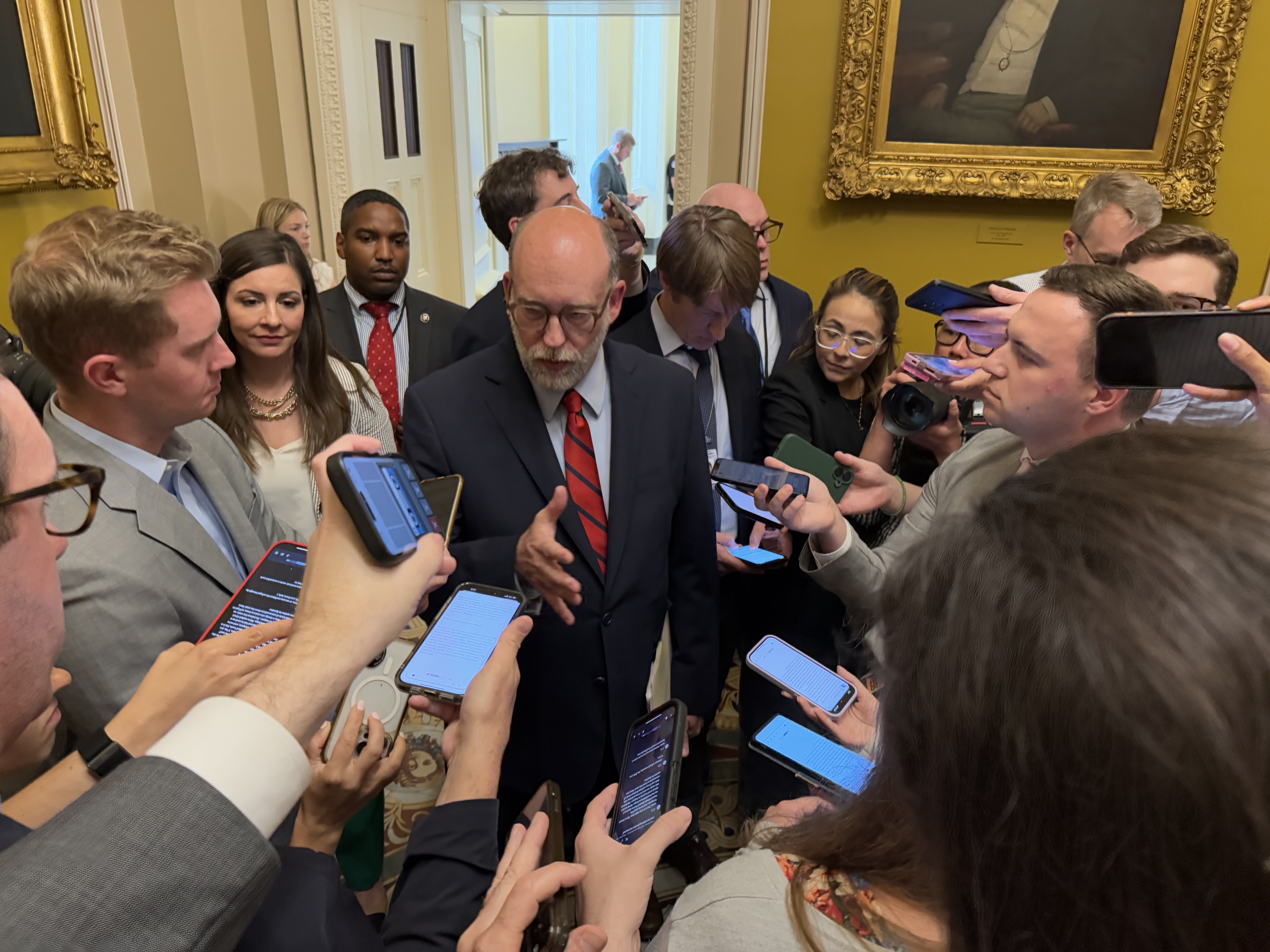 White House budget director Russ Vought speaks with reporters inside the U.S. Capitol building on Tuesday, July 15, 2025. (Photo by Jennifer Shutt/States Newsroom)
