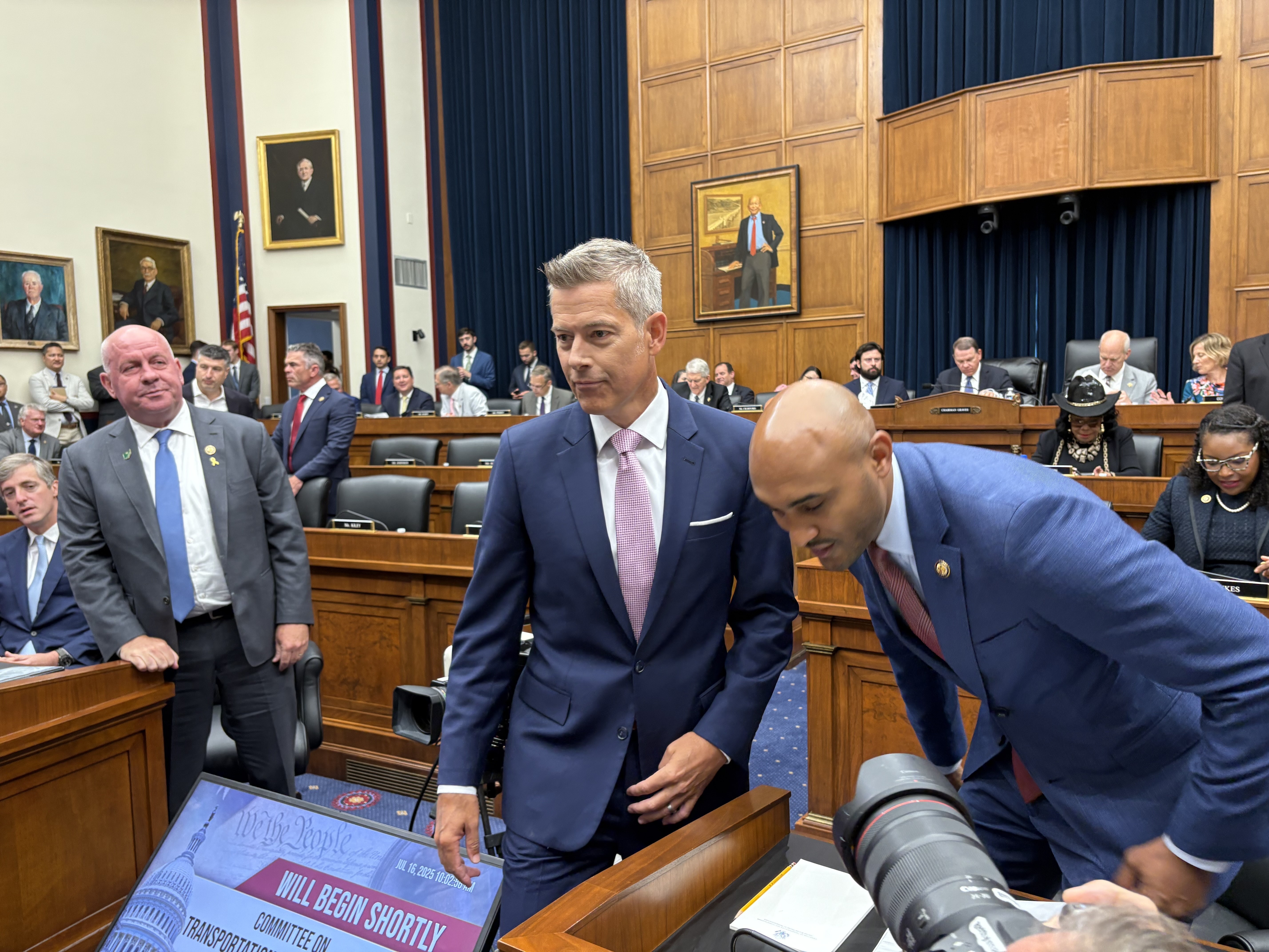Transportation Secretary Sean Duffy greets members of the U.S. House Transportation and Infrastructure Committee before the panel’s hearing on the White House fiscal 2026 budget request for the Transportation Department on July 16, 2025. (Photo by Jacob Fischler/States Newsroom