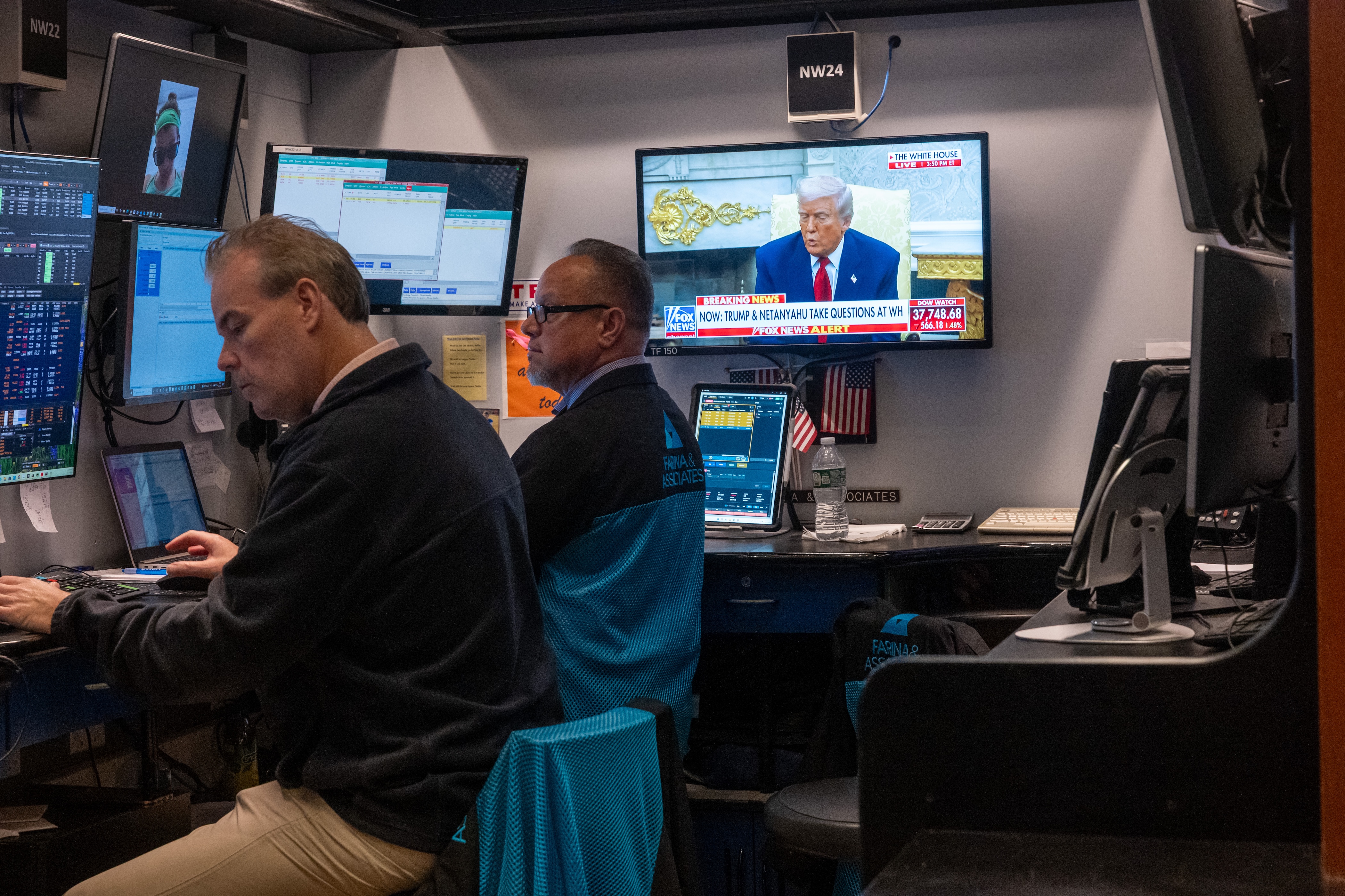 President Donald Trump is displayed on a television screen as traders work on the floor of the New York Stock Exchange on April 7, 2025 in New York City. Markets around the world fell dramatically as global leaders, businesses and economies tried to understand and come to terms with Trump's tariff policy. (Photo by Spencer Platt/Getty Images)