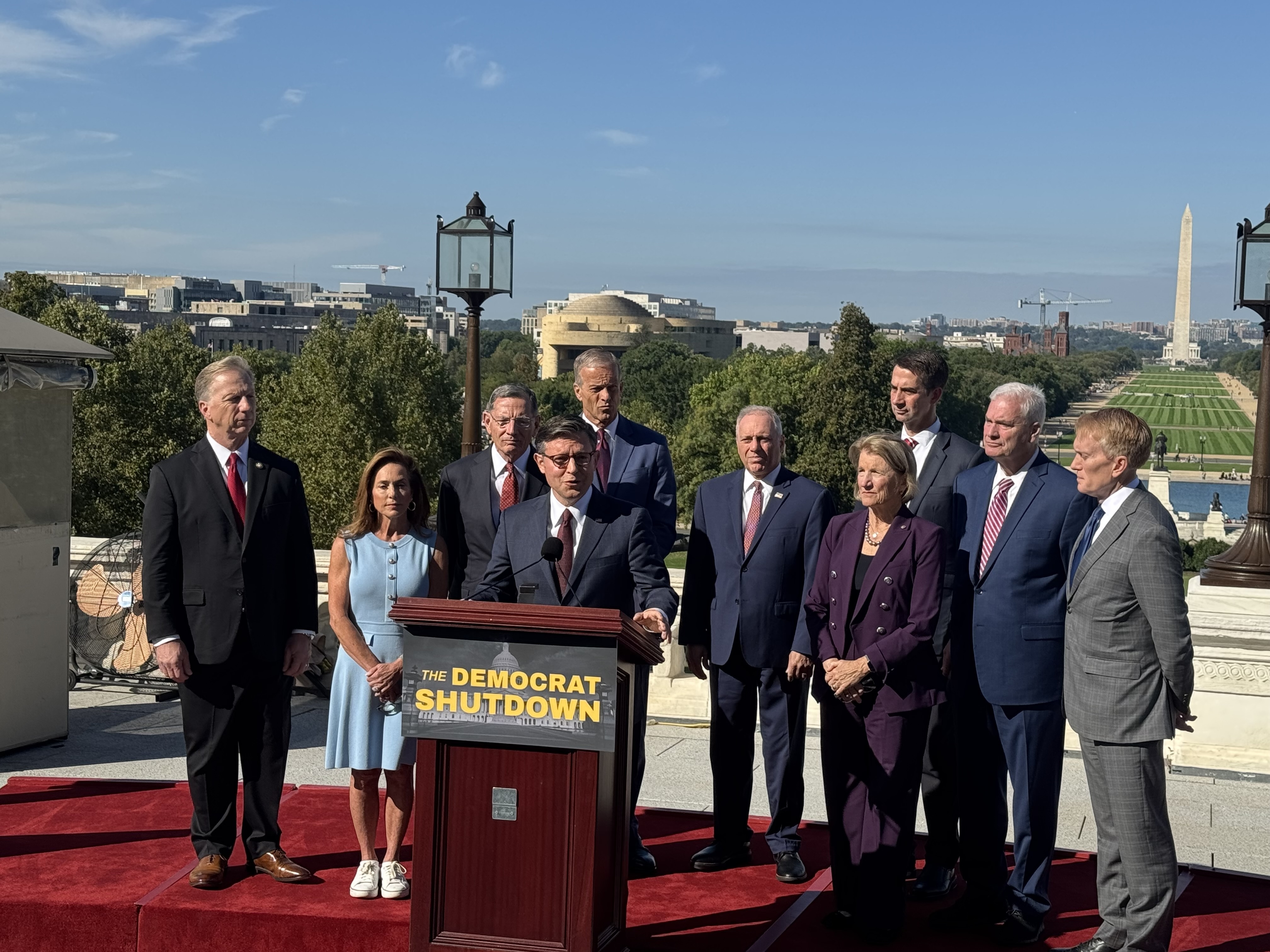 House Speaker Mike Johnson of Louisiana speaks at a press conference outside the U.S. Capitol on Oct. 1, 2025, in Washington D.C., alongside fellow GOP leadership in the U.S. House and U.S. Senate. (Photo by Shauneen Miranda/States Newsroom)