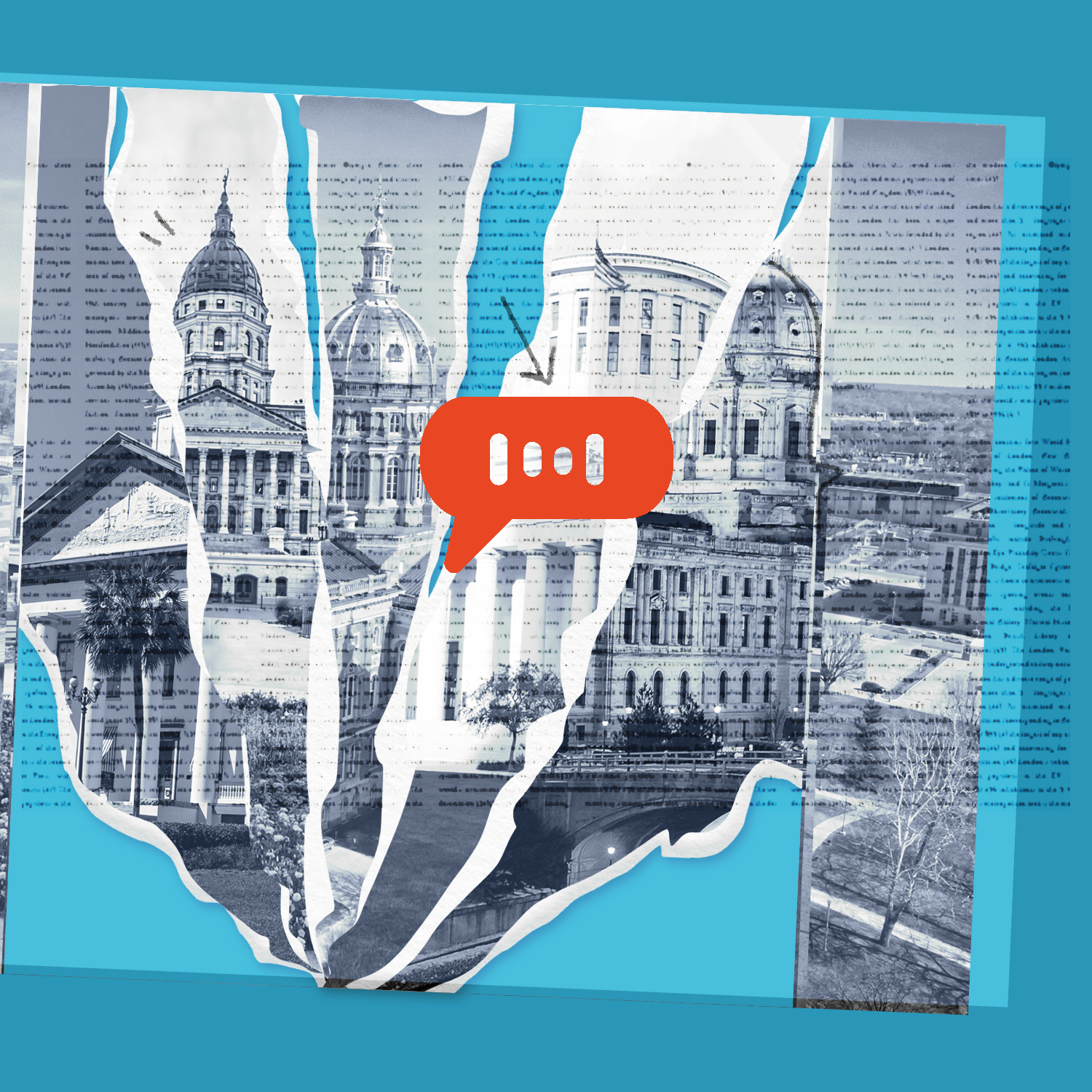 Illustration of state capitols with a speech bubble overlay