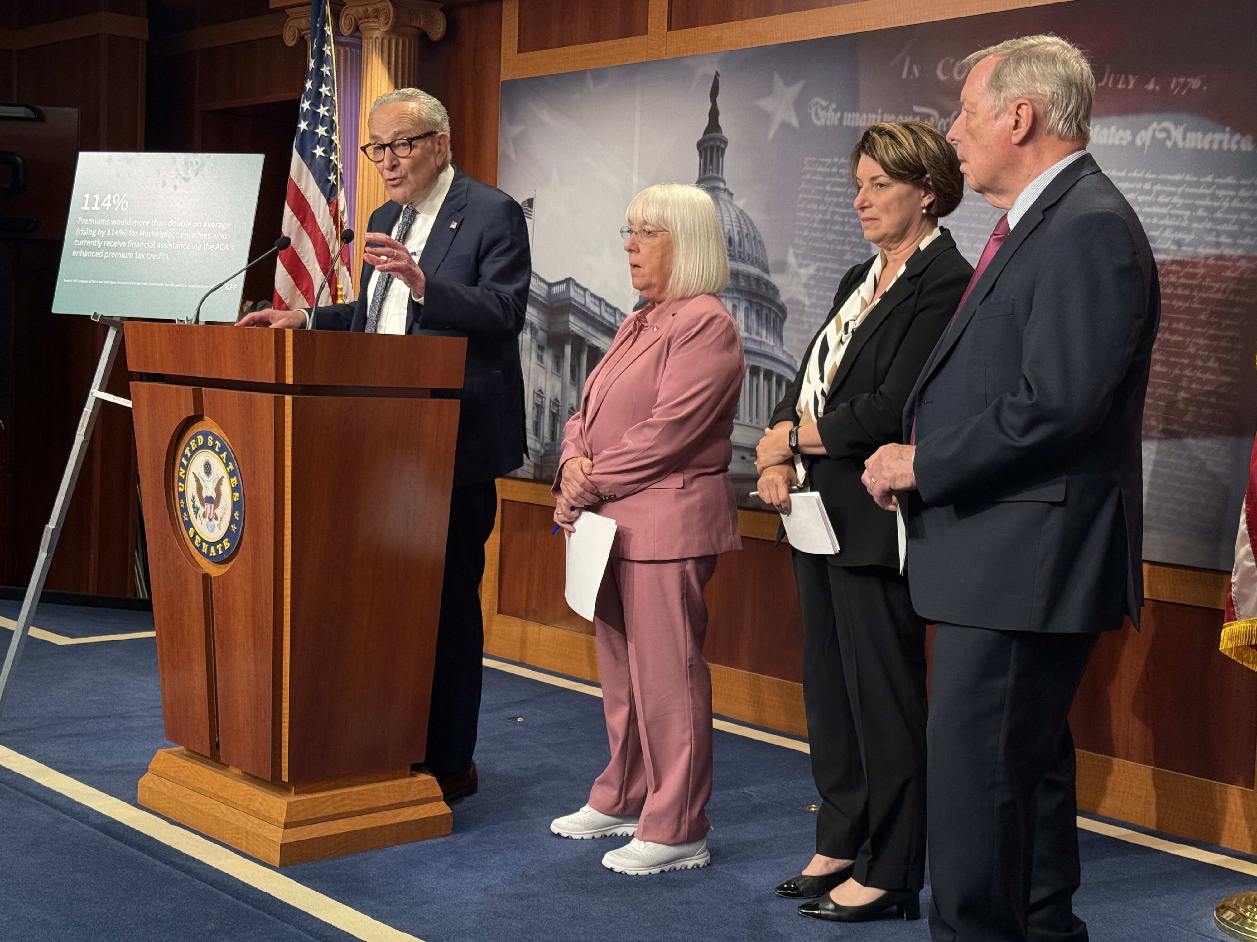 U.S. Senate Minority Leader Chuck Schumer, D-N.Y., speaks during a press conference inside the Capitol building in Washington, D.C., on Tuesday, Sept. 30, 2025. Also pictured from left are Washington Sen. Patty Murray, Minnesota Sen. Amy Klobuchar and Illinois Sen. Dick Durbin. (Photo by Jennifer Shutt/States Newsroom)