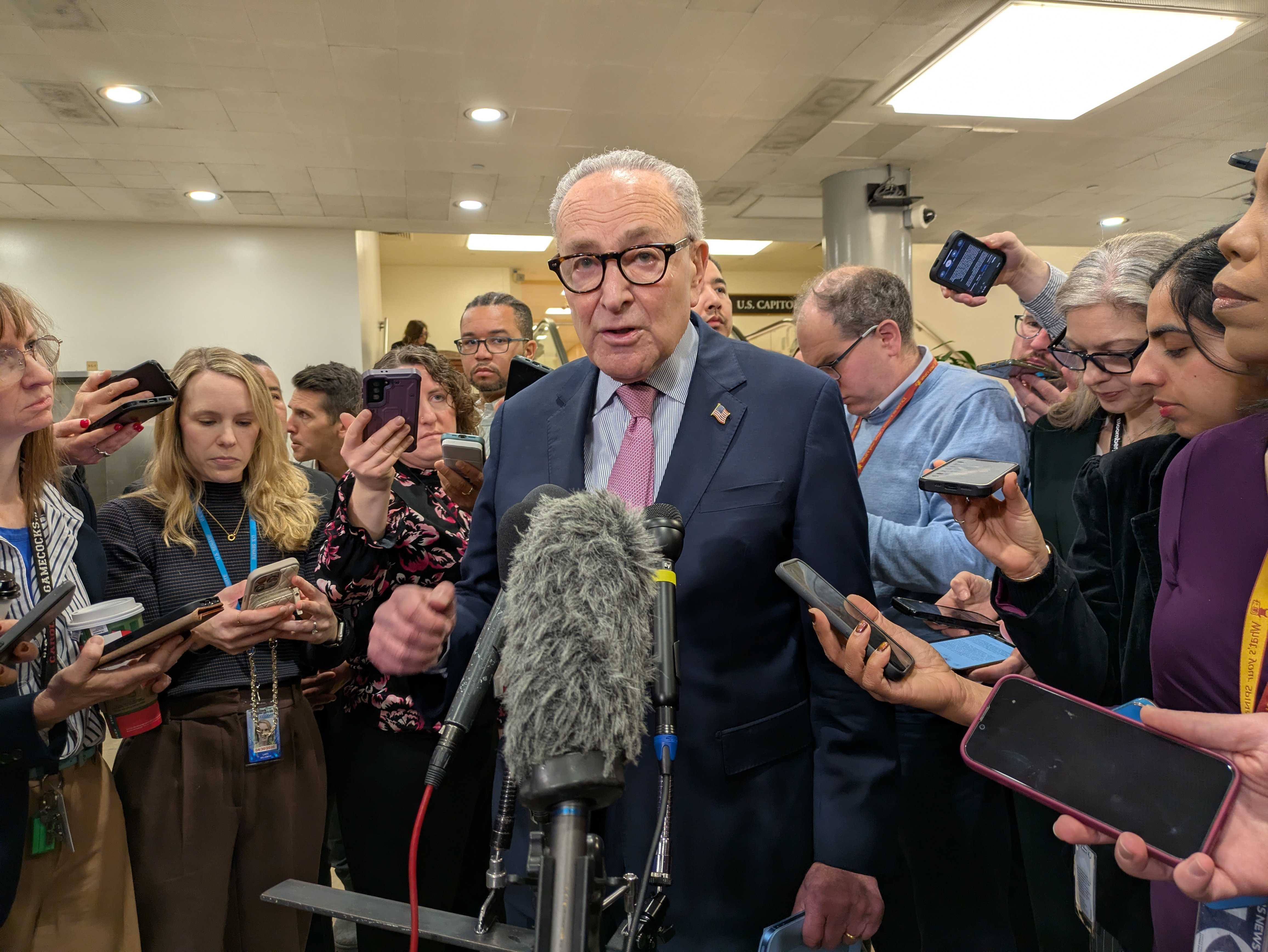 Senate Minority Leader Chuck Schumer addresses reporters after a closed-door briefing on U.S. military strikes on alleged drug smuggling boats near the coast of Venezuela. (Photo by Ashley Murray/States Newsroom)