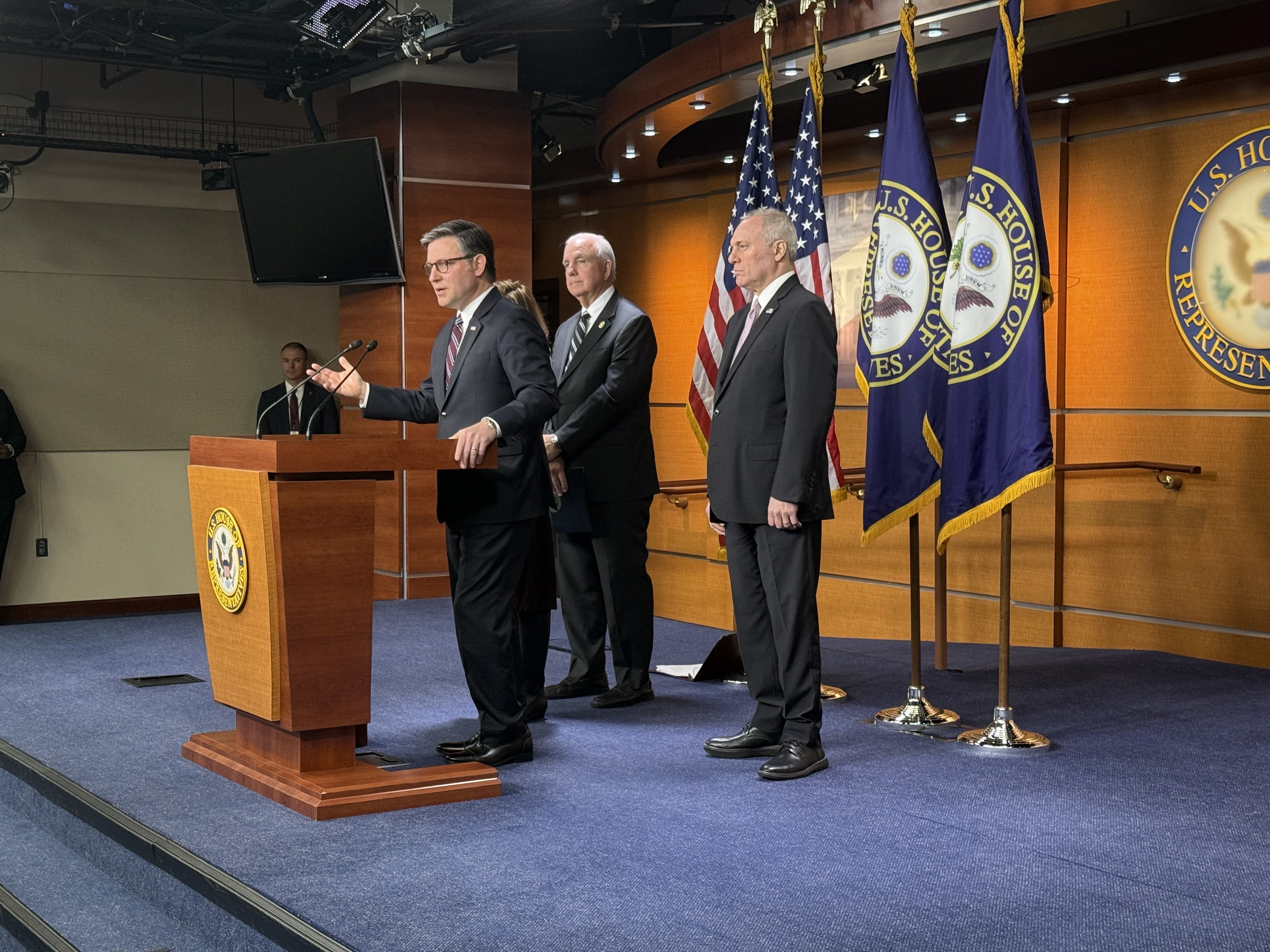U.S. House Speaker Mike Johnson, R-La., answers reporters' questions during a press conference on Wednesday, Jan. 7, 2026. Also pictured, from left, are Florida Republican Rep. Carlos A. Giménez and House Majority Leader Steve Scalise, R-La. (Photo by Jennifer Shutt/States Newsroom)
