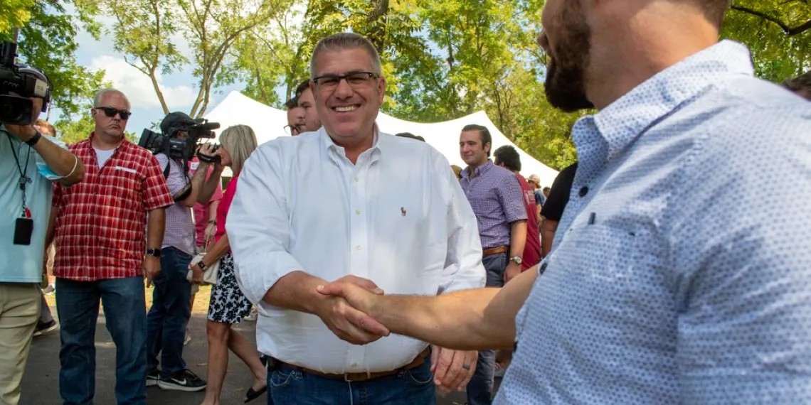 Former Republican nominee for governor Darren Bailey greets supporters at Republican Day at the Illinois State Fair in Springfield on Aug. 18, 2022. (Capitol News Illinois photo by Jerry Nowicki)