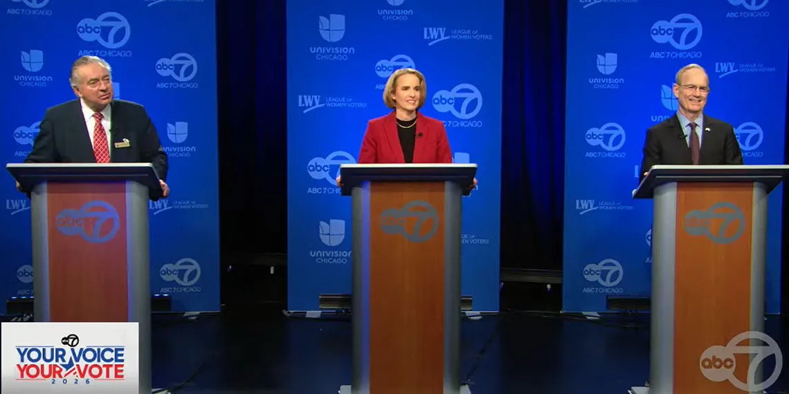Republican candidates for U.S. Senate participate in a debate hosted by hosted by ABC-7 Chicago in partnership with Univision and the League of Women Voters on Feb. 11, 2026. (Screenshot of ABC-7’s debate feed)