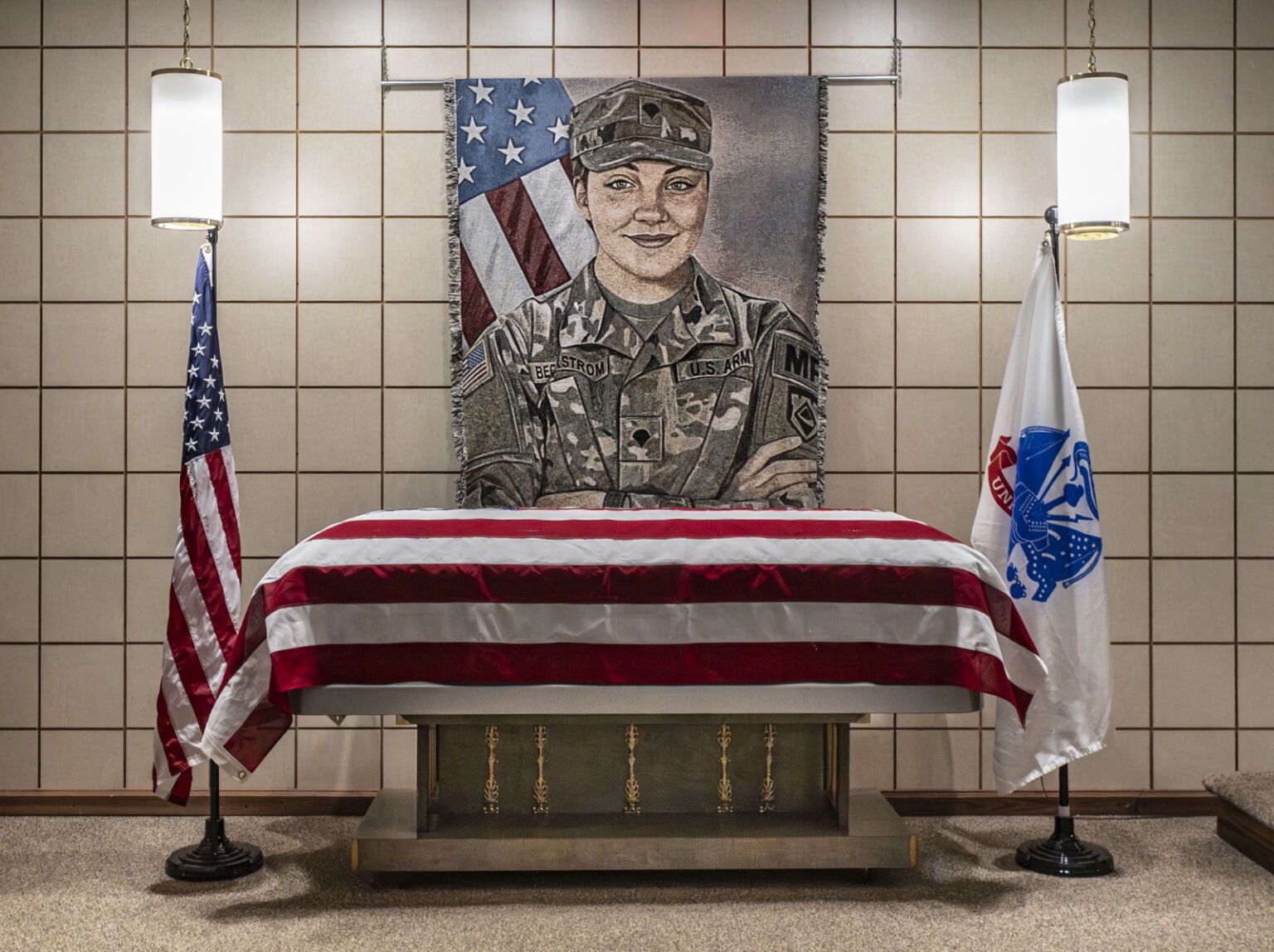 Army Spc. Sarah Beckstrom’s casket is displayed at a funeral home in her hometown of Webster Springs, West Virginia, on Dec. 5, 2025. (Photo courtesy of the U.S. Department of Defense)
