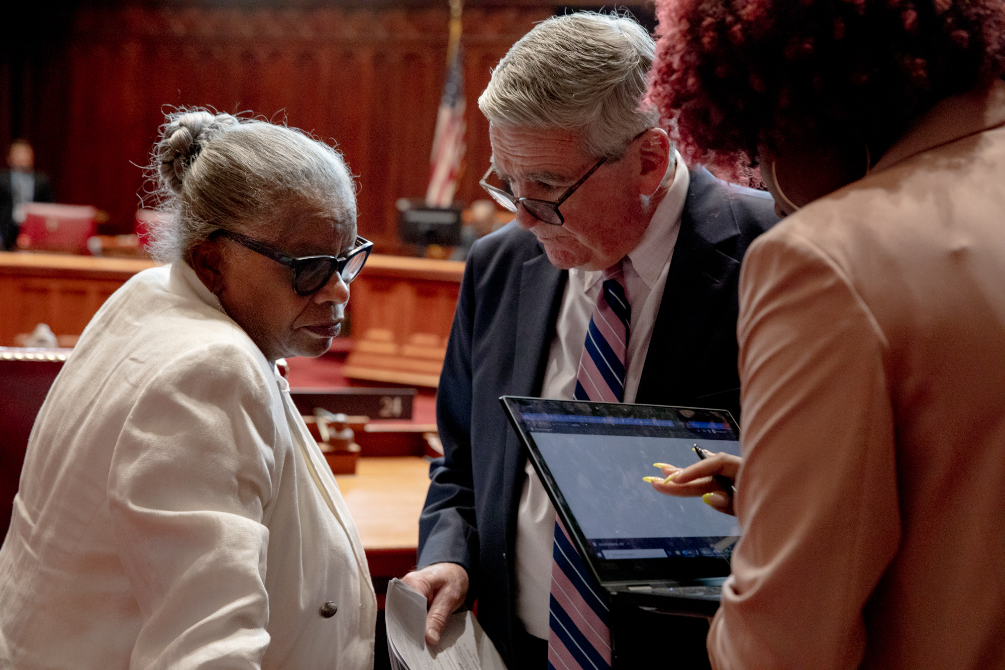 CT ‘fair share’ study delayed; won’t be ready before 2025 session Housing Committee chair Sen. Marilyn Moore, left, and Joe Quinn, a lawyer with the senate Democrats, talk in the senate chamber on June 7, 2023. Moore explained the housing omnibus bill to the Senate ahead of the vote June 7. CREDIT: YEHYUN KIM / CT MIRROR