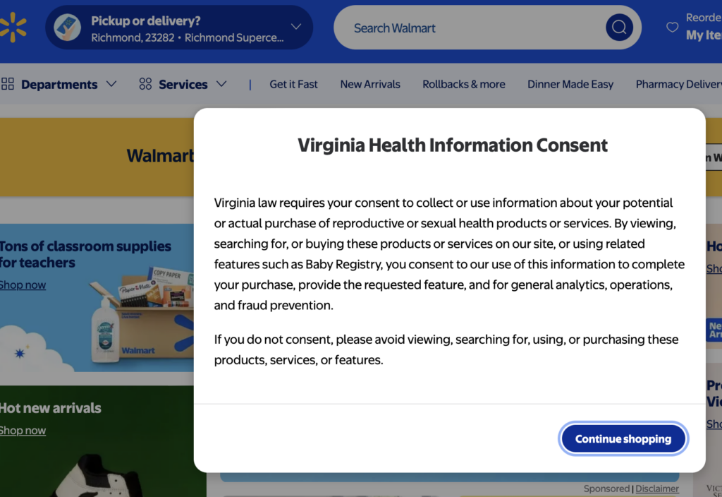 New Va. law protecting reproductive health data prompts Walmart’s online data collection pop-ups New Va. law protecting reproductive health data prompts Walmart’s online data collection pop-ups