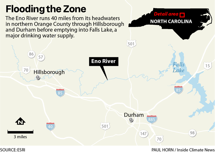 Before Tropical Depression Chantal swamped Hillsborough, the town had been counting on FEMA a graphic showing a map of the Eno River
