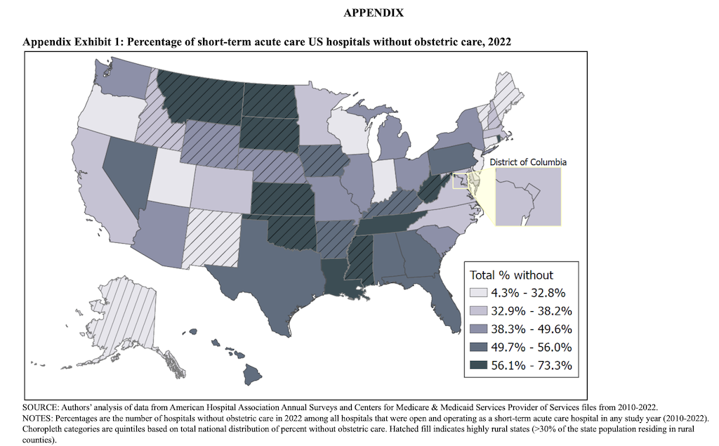 US hospitals see stark decline of obstetric services, study shows US hospitals without obstetric care, 2022