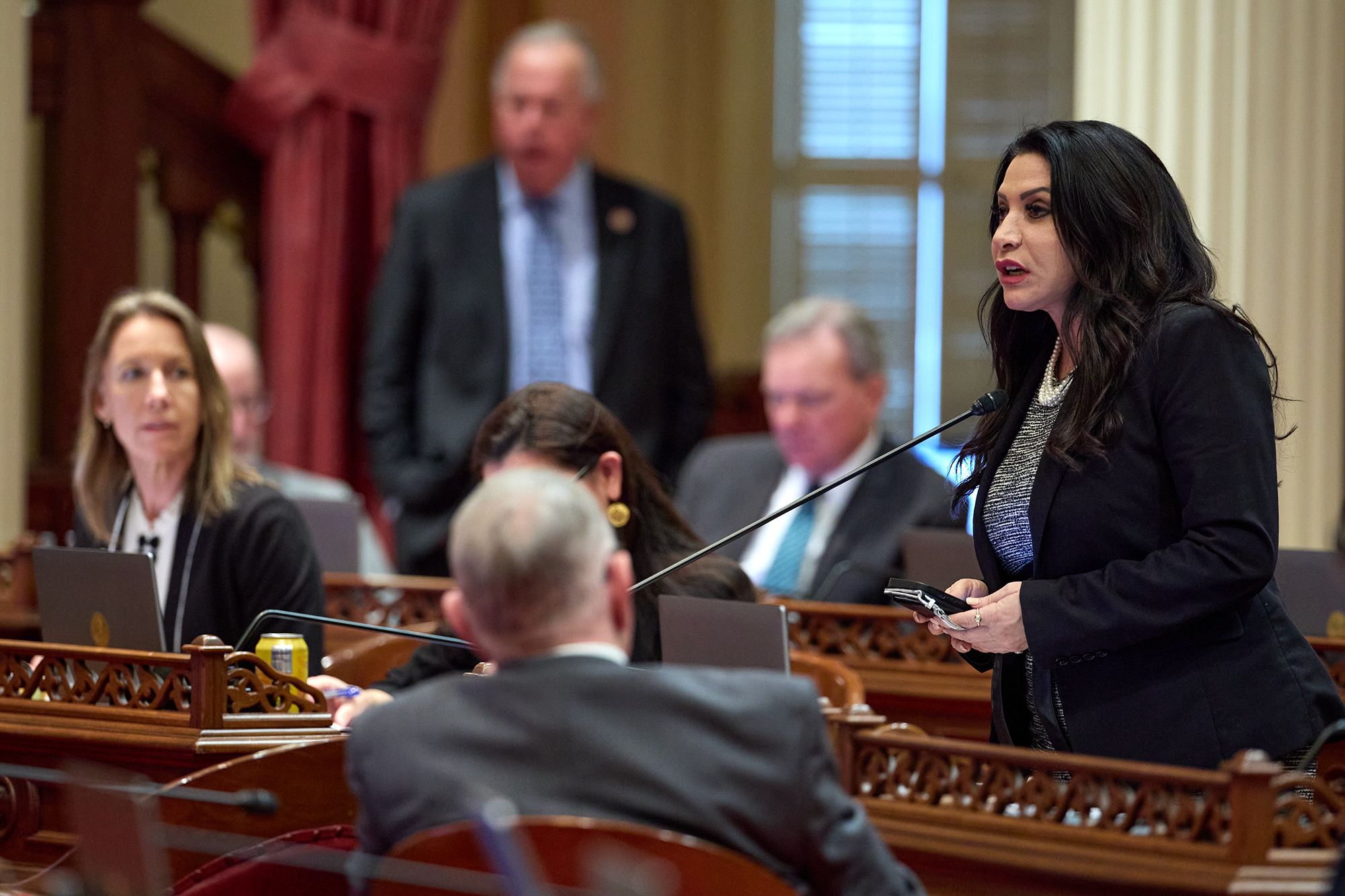 As wildfires burn, a corruption probe left the Senate’s insurance committee chair vacant A person with long black hair and wearing a black blazer stands in front of a microphone on their desk during a session at the state Capitol in Sacramento.