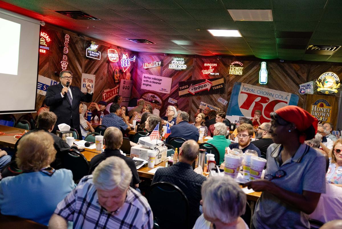 “All eyes on San Antonio”: Democratic disunity, GOP push turn mayor’s race into a political battleground Mayoral candidate Rolando Pablos speaks at a meet and greet event hosted by the Republican Club of Bexar County at Chester’s Hamburgers.